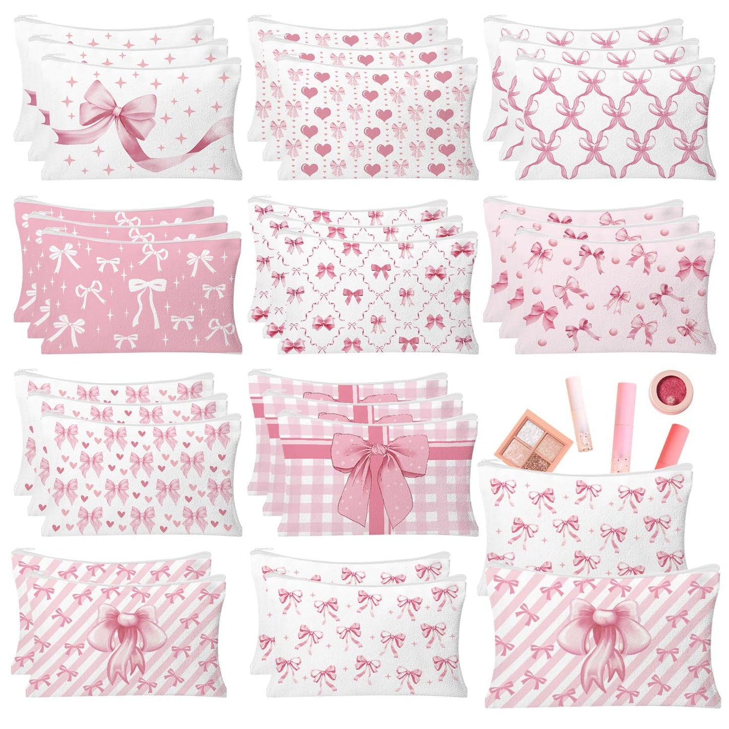 HSDSH 30pcs Pink Bow Makeup Bag Coquette Cosmetic Bags for Women Elegant Bow Preppy Pink Pouch Travel Toiletry Bag for Women Girls Mothers Day Gifts