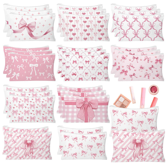HSDSH 30pcs Pink Bow Makeup Bag Coquette Cosmetic Bags for Women Elegant Bow Preppy Pink Pouch Travel Toiletry Bag for Women Girls Mothers Day Gifts