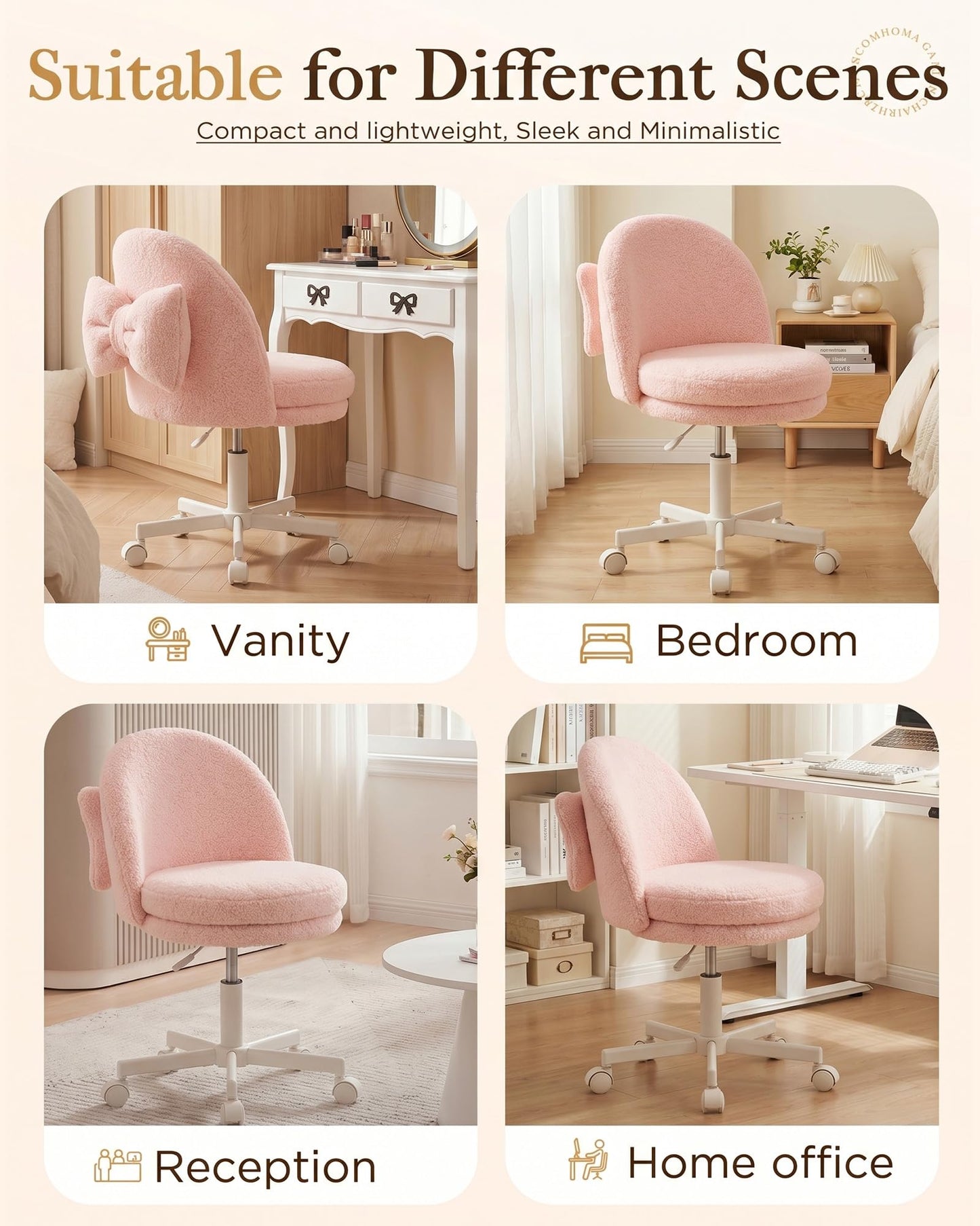 COMHOMA Vanity Chair with Wheels Velvet Tall Office Chair with Back,Armless Desk Chair Comfy Height Adjustable, Soft Lumbar Support for Girls Bedroom Home Vanity Bow Pillow for Gift Pink