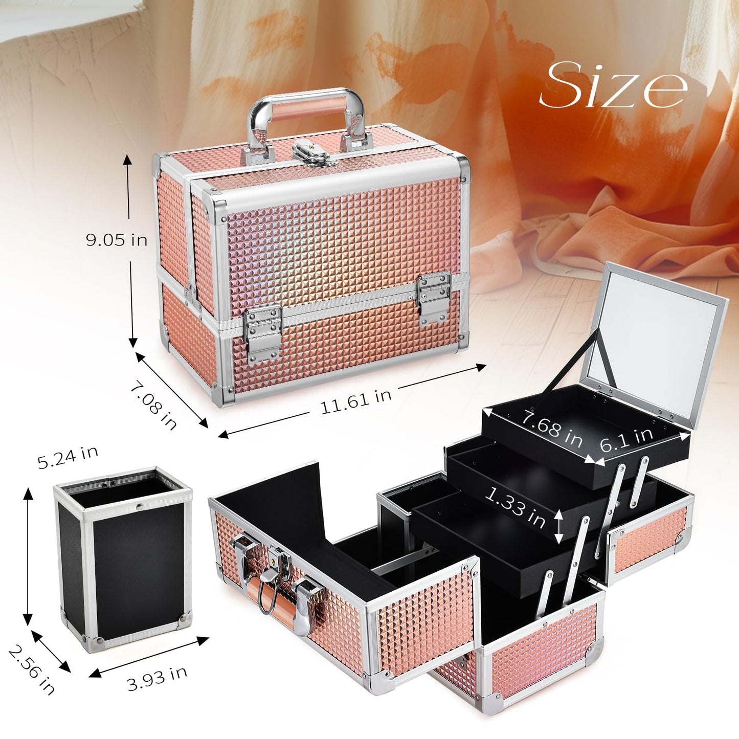 Joligrace Dazzle Gold Makeup Train Case, 3-Tier Makeup Box Organizer and Portable Makeup Organizer Box, Hard Makeup Case with Mirror and Lock, Professional Makeup Case for Women