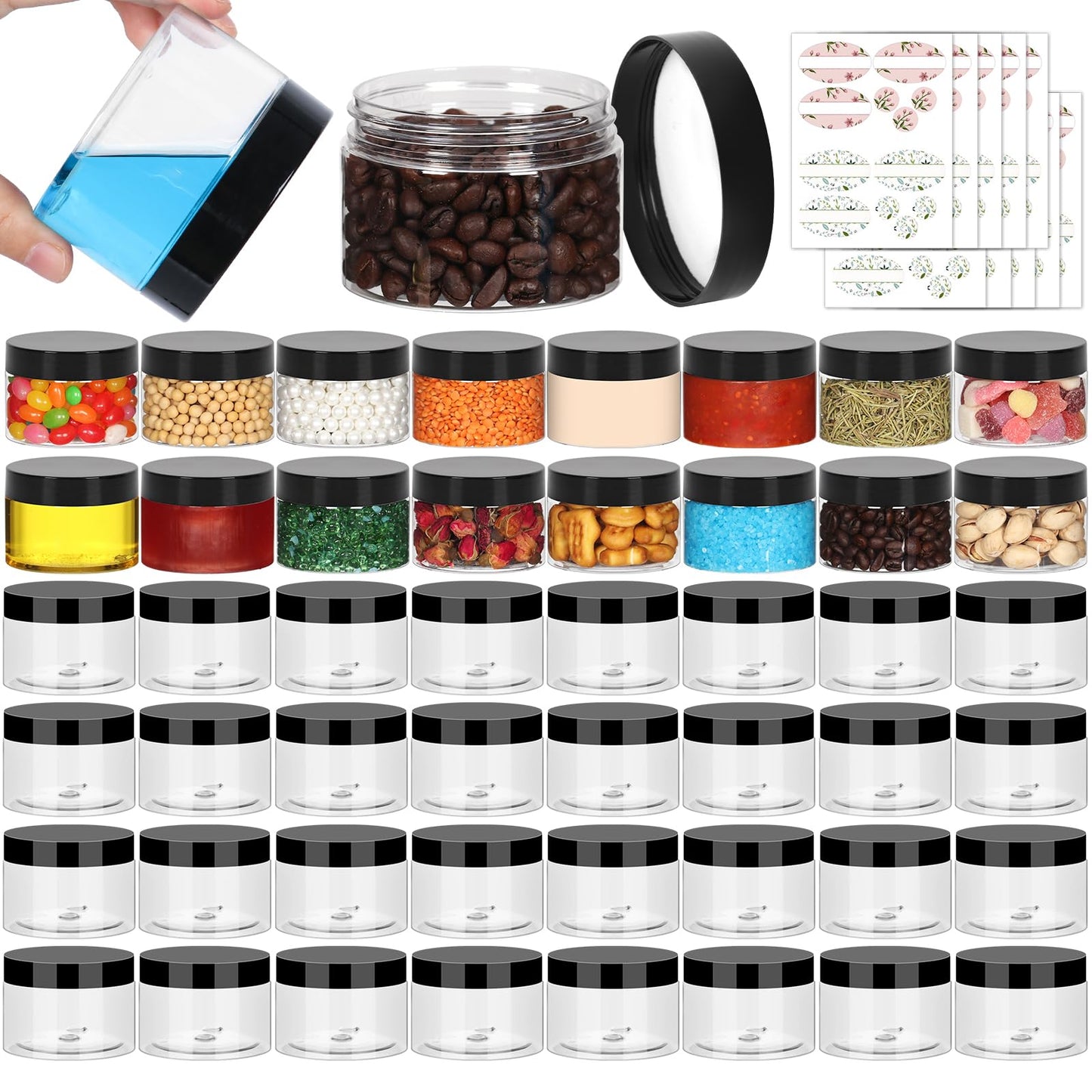 4 oz Small Travel Size Containers 48 Pack, Clear Plastic Jars with Leakproof Tight-Seal Black Lids, Durable Refillable Cosmetic Storage for Toiletries, Lip Balm, Lotion, Cream, Slime, Great Value Set