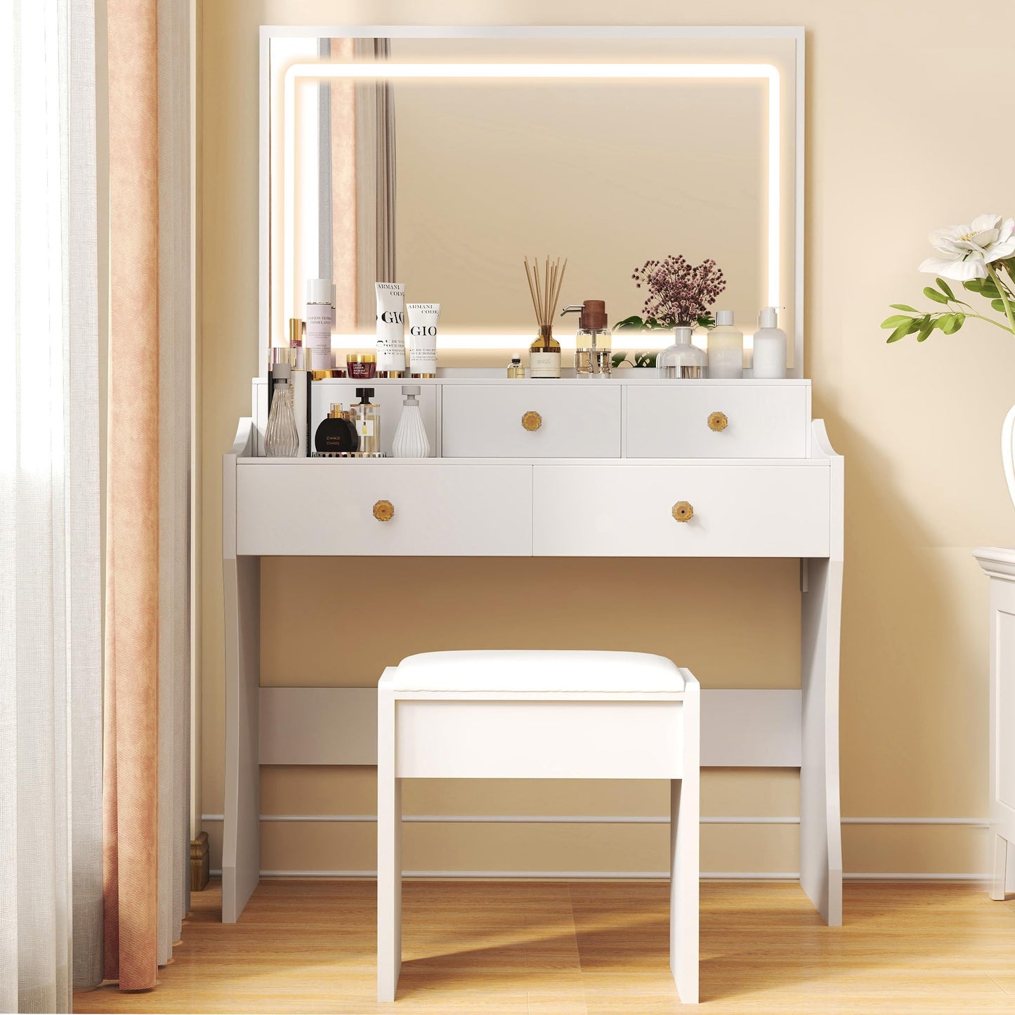COMHOMA Makeup Vanity Desk with Mirror and Lights, Vanity Table and Chair Set with 5 Drawers & Charging Station, Modern Dressing Table for Girls, Stepless Dimmable & 3 Color Adjustable, Pearl White
