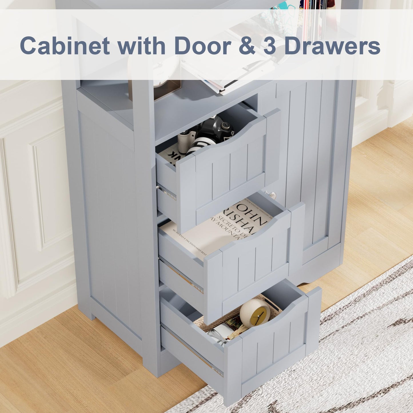 YESHOMY Bathroom Storage Cabinet Freestanding Floor Cupboard with 1 Door and 3 Drawers for Kitchen, Living Room, Gray