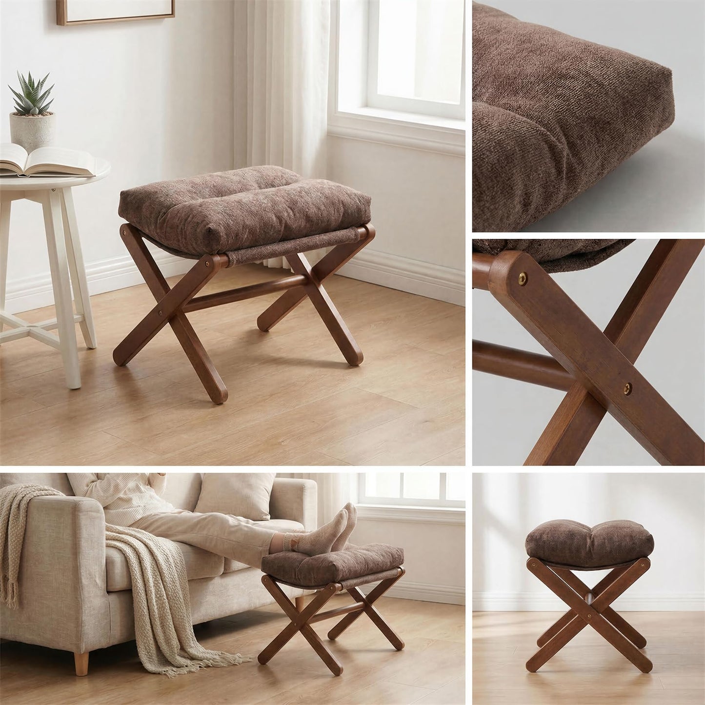 Baveke Ottoman Foot Rest- Bamboo Foldable Stool, Foot Stools Small Ottman with Upholstered & X Legs, Folding Stool for Makeup, Bedroom and Living Room, FSC-Certified (Small Brown)