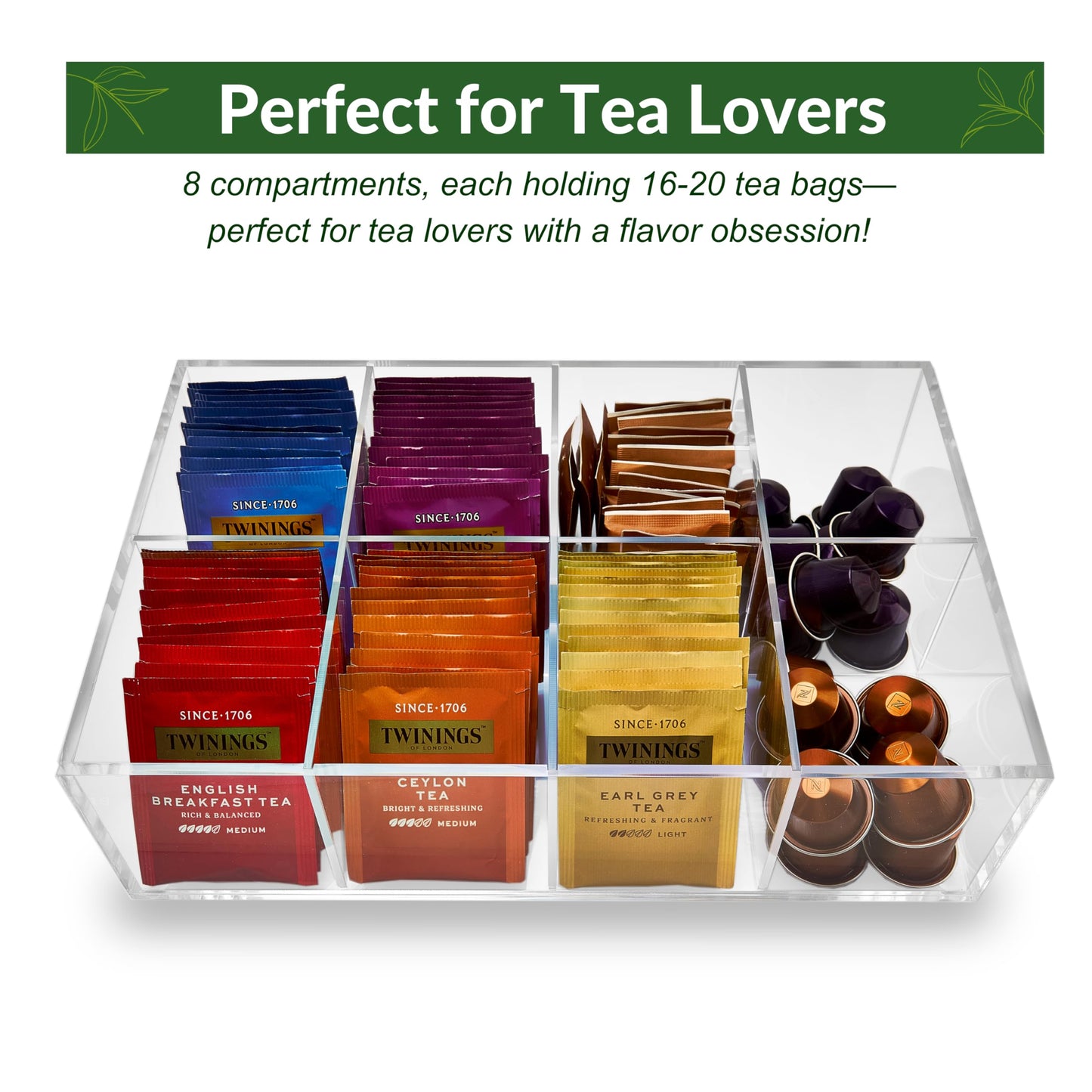 Meicloud Acrylic Tea Bag Organizer - Clear Tea Storage Box, K Cup Coffee Pods Holder with 8 Compartments, Tea Station Organizer for Countertop, Modern Tea Display Stand