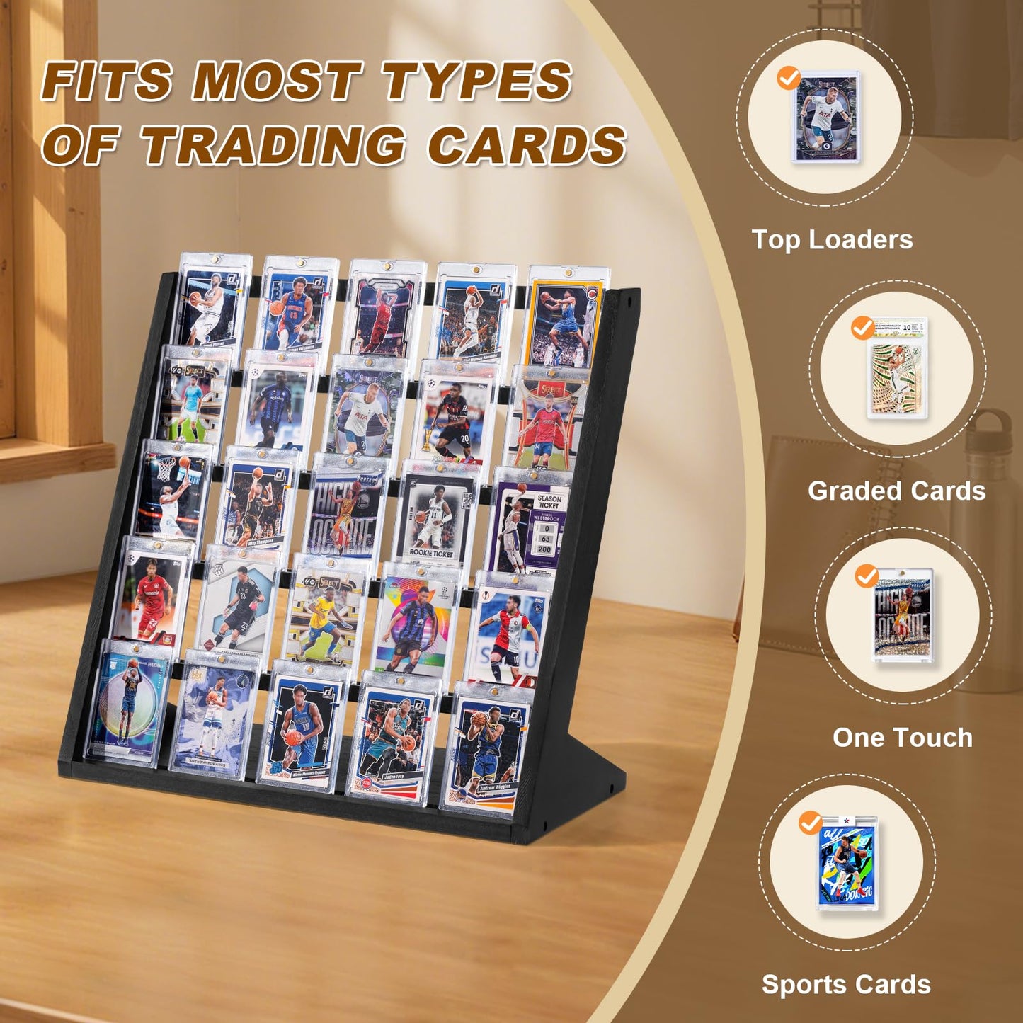 Emfogo Trading Card Display Stand, 5 Tier Sports Graded Card Display, Wooden Trading Card Display Stand for Sports Card Collection & Show, Black