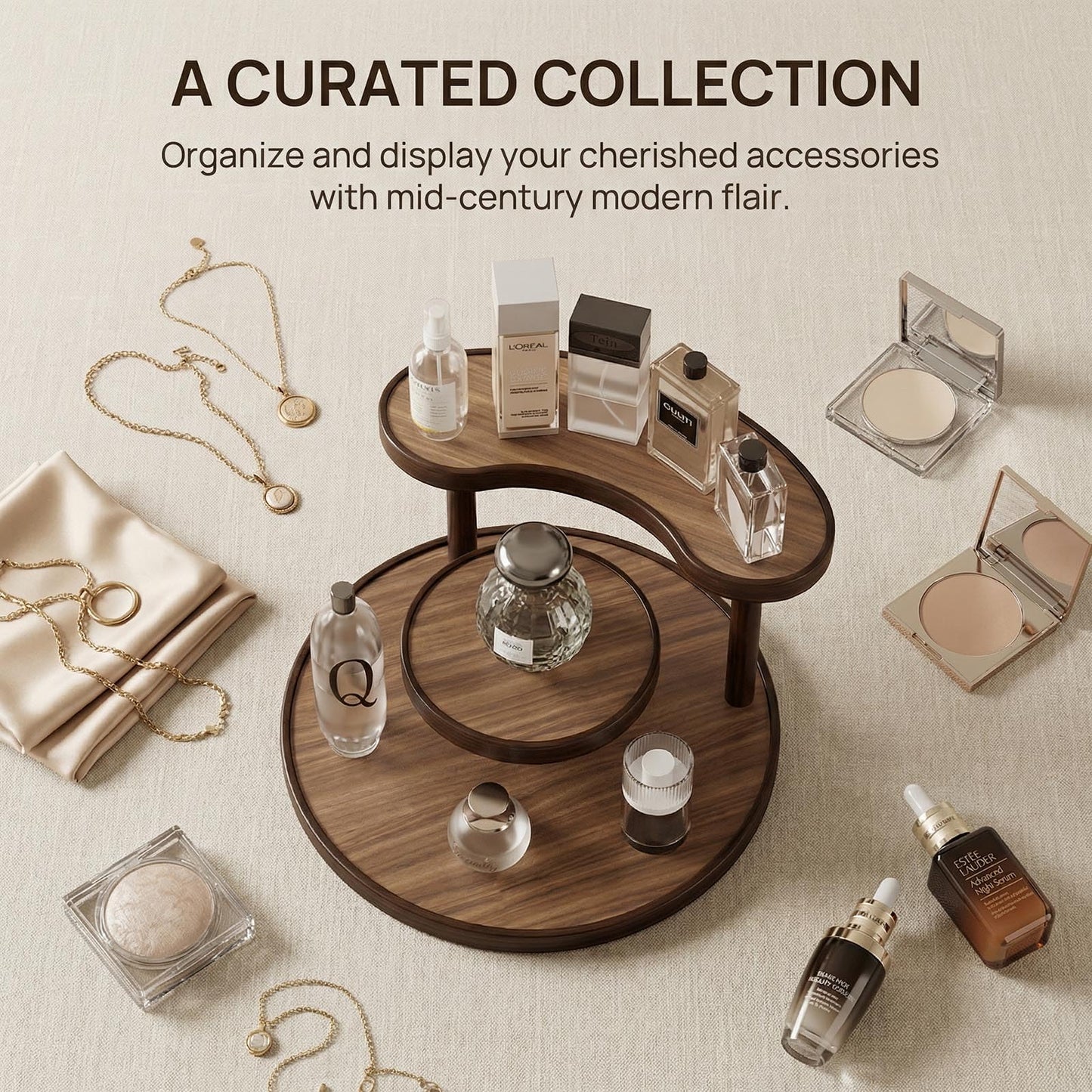GDQ Wooden Display Organizer Stand,Perfume Organizer, Brown Bamboo Vanity Organizer Display Storage for Cosmetics, Perfume, Plants, Tea Set, Open Design for Entryway/Living Room/Bathroom/Bedroom