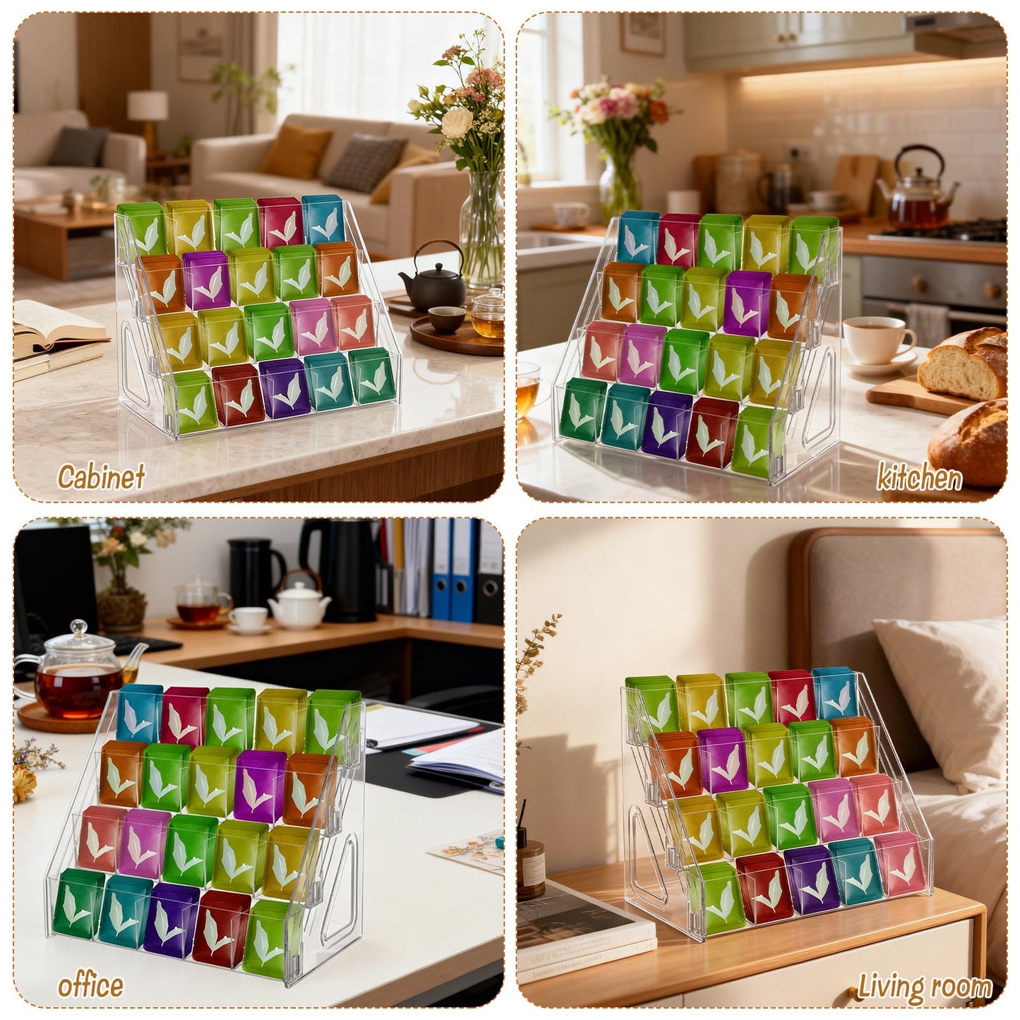 HFYZZ Tea Bag Organizer Display Stand, 4 Tier Clear Acrylic Tea Packet Storage Holder for Kitchen Countertop Cabinet Pantry Office Tea Bag, Coffee, Sugar Packets, Creamers Organization