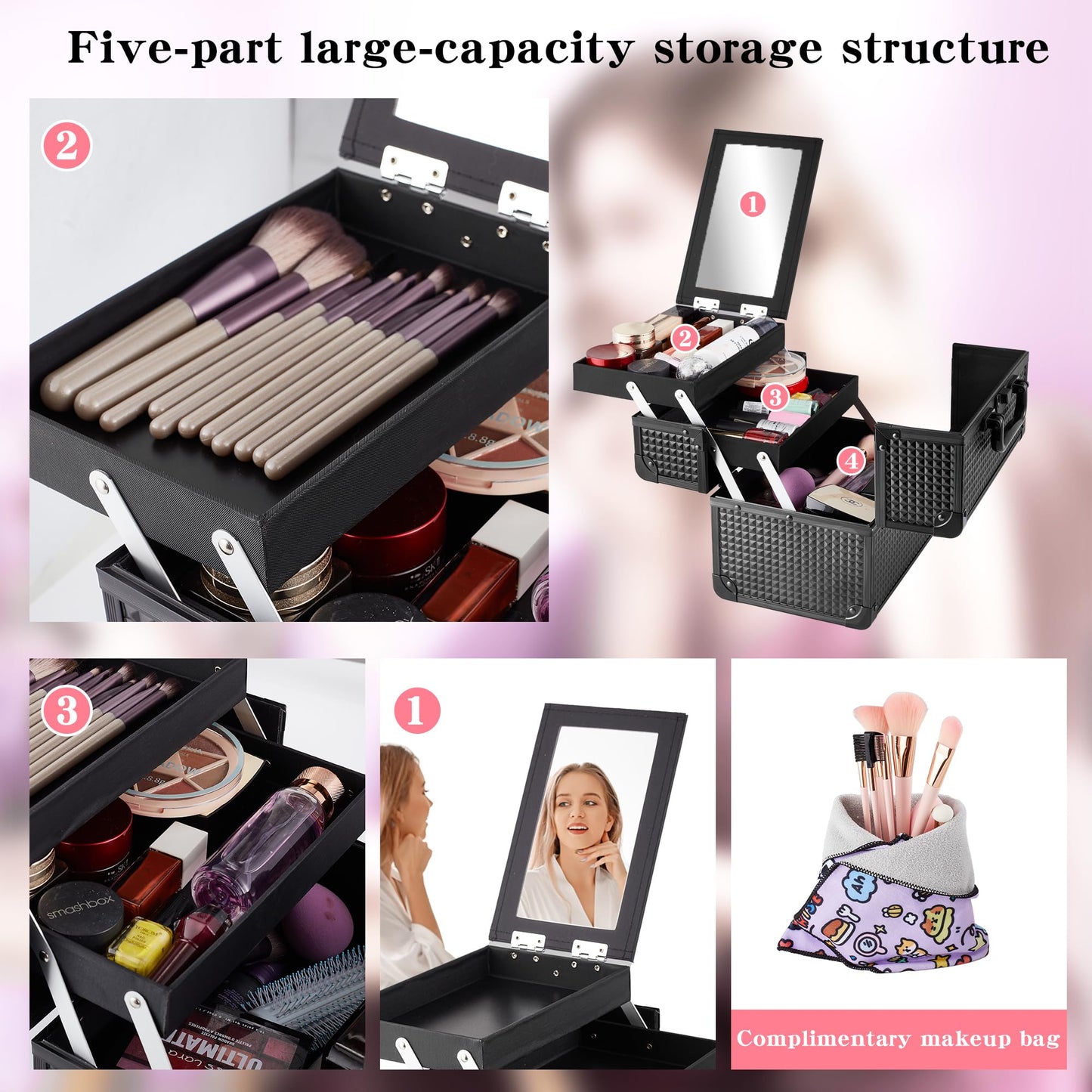 GALHUBIS Makeup Train Case, Portable Makeup Case with Mirror, 2-Trays Cosmetic Organizer Case,Nail Polish Organizer, Travel Makeup Box, Profesional for Salon Barber, Pattern Black Pink