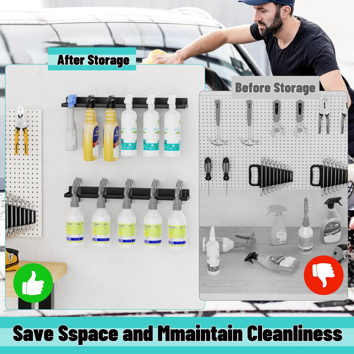 FaloStwer Spray Bottle Holder Wall Mount,14 Inch Metal Universal Lightweight Organizer Holds 6 Spray Bottle Organizer for Garage Storage Car Wash Auto Detailing Tools Organizer