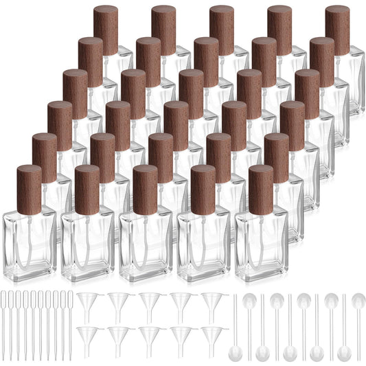 Domensi 30 Pcs 10/15/30/50 ml Glass Square Perfume Bottles Mini Glass Empty Spray Atomizer Bottles Bulk Refillable Perfume Dispenser Container with Pump Tool for Travel (15 ml,Dark Woddy Color)