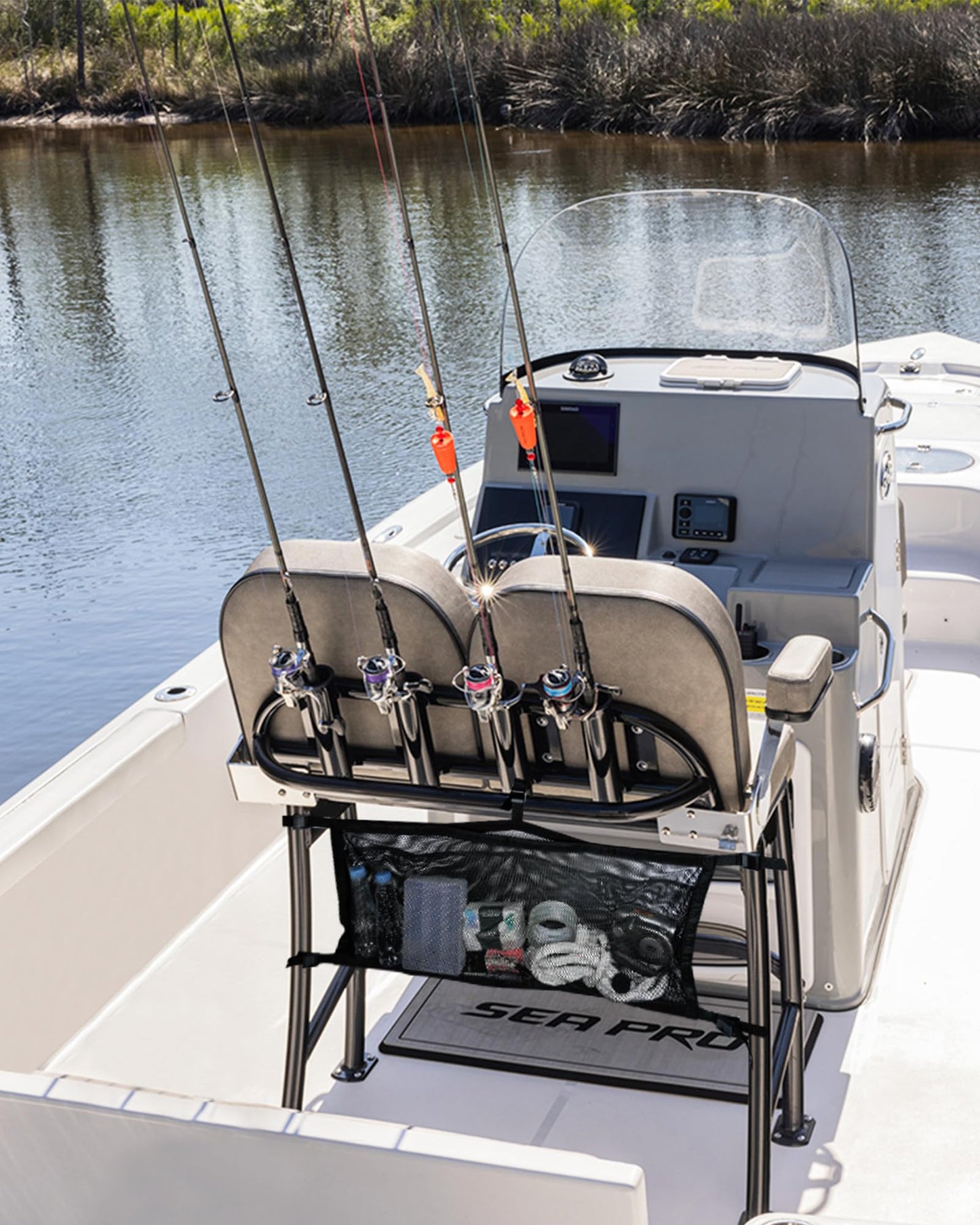 PLOZANO Boat Storage Bag with 3 Divisions, Adjustable Organizer, Mesh Tackle & Life Jacket Holder, Suspended Net for Leaning Post (32 INCH)