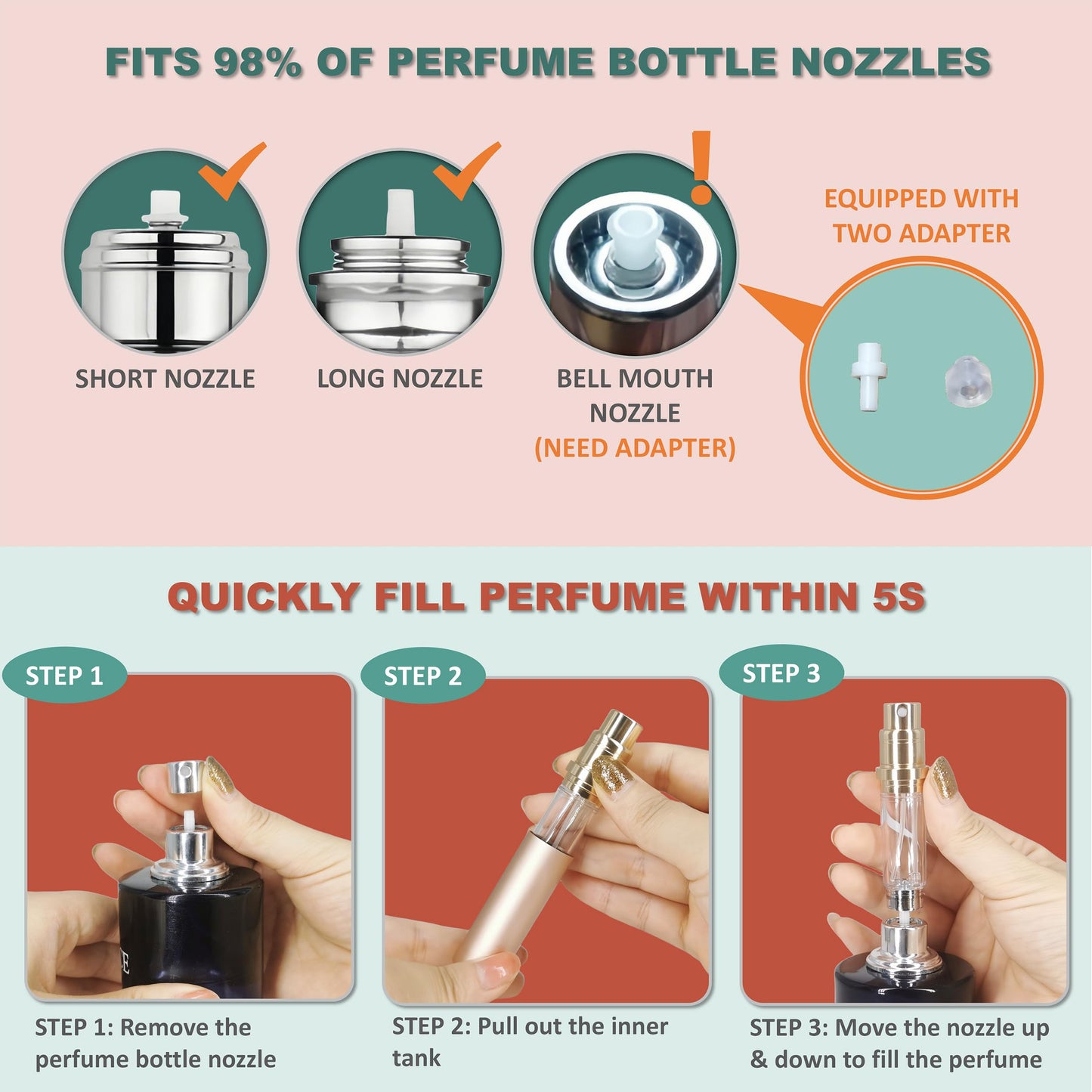 Fiwecos Perfume Travel Refillable Bottle Portable Atomizer Spray Bottle Fragrance Scent Pump Fill from Bottom Mini Pocket Size 5ml for Traveling and Outing (Rose gold + Pink)