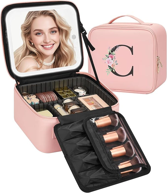 Relavel Initial Makeup Bag with LED Mirror for Women Girls, Personalized Travel Cosmetic Organizer Train Case, Birthday Gifts for Grandkids Bridesmaid Graduation Teacher Friends, Trendy Stuff, Pink C