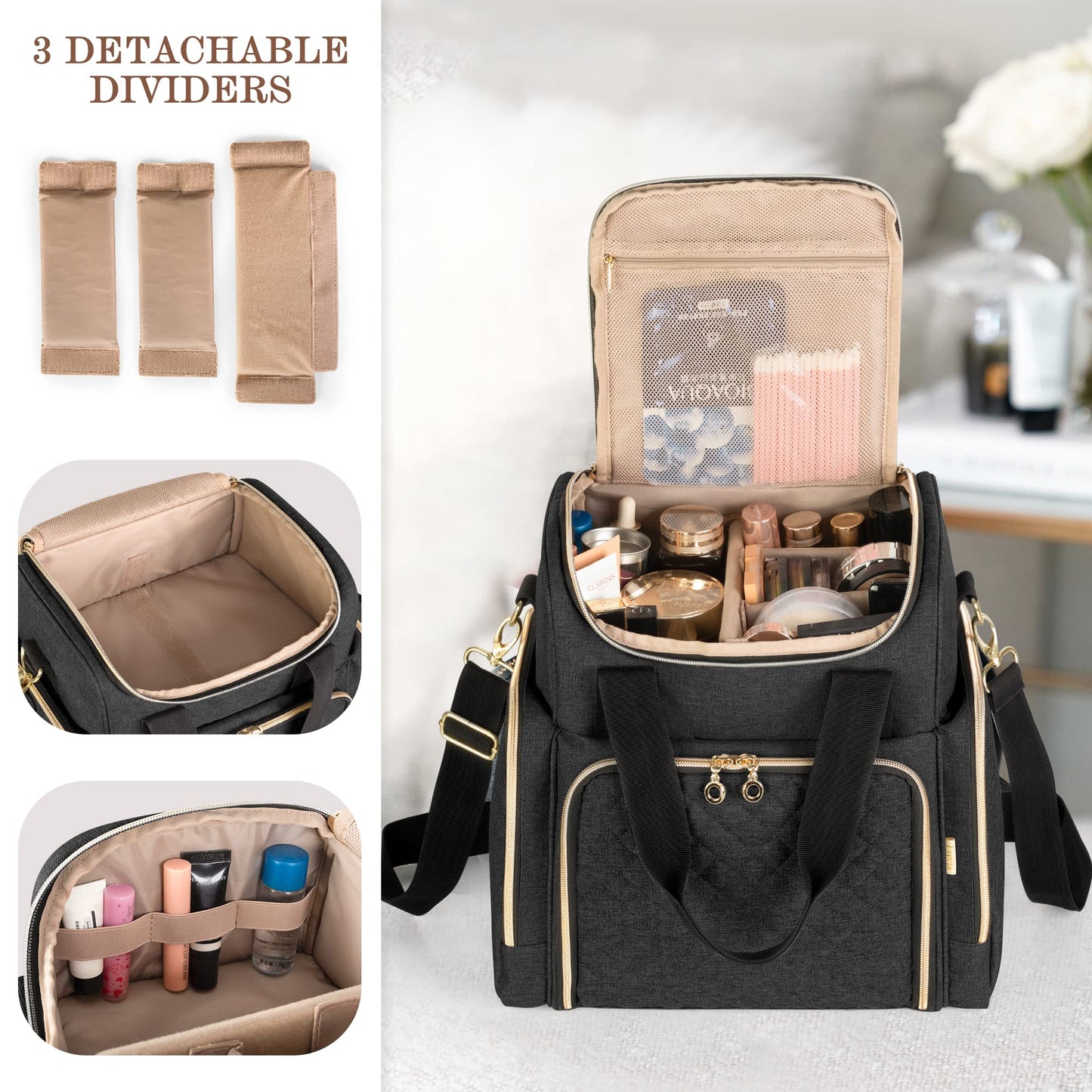 LUXJA Travel Makeup Bag with 2 Removable Cases, Cosmetic Bag with Multiple Storage Sections (Patent Pending), Black