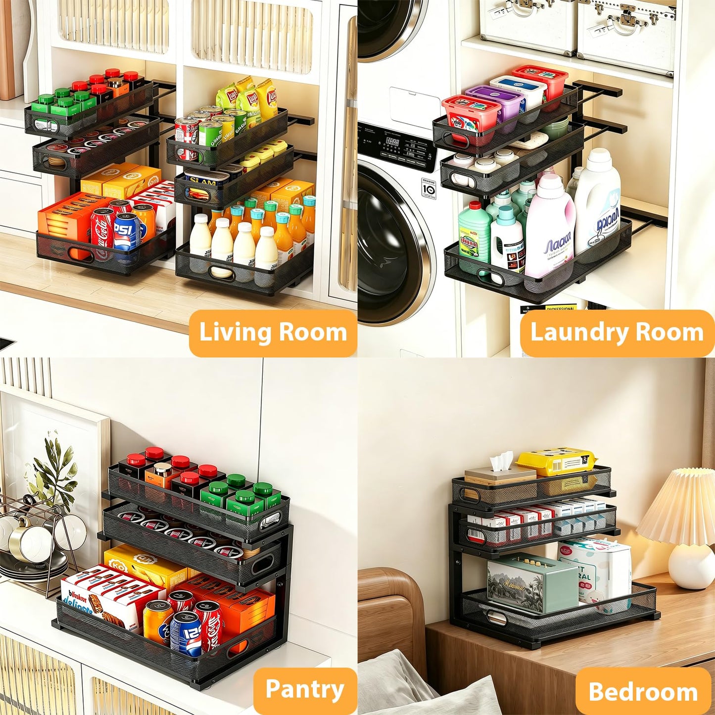 2 Pack Under Sink Organizer, 3-Tier Pull Out Kitchen Cabinet Organizer, Height Adjustable Metal Slide Out Bathroom Storage Makeup Drawer Rack for Bedroom Office Laundry Pantry Home Organization, Black