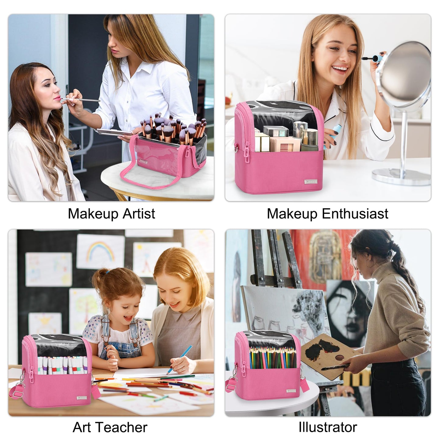 TANTO Makeup Brush Case Stand-up Makeup Cup Makeup Brush Holder Travel Professional Cosmetic Bag Artist Storage Bag Large Makeup Bag with Adjustable Divide (Rose Pink, 1-Large)