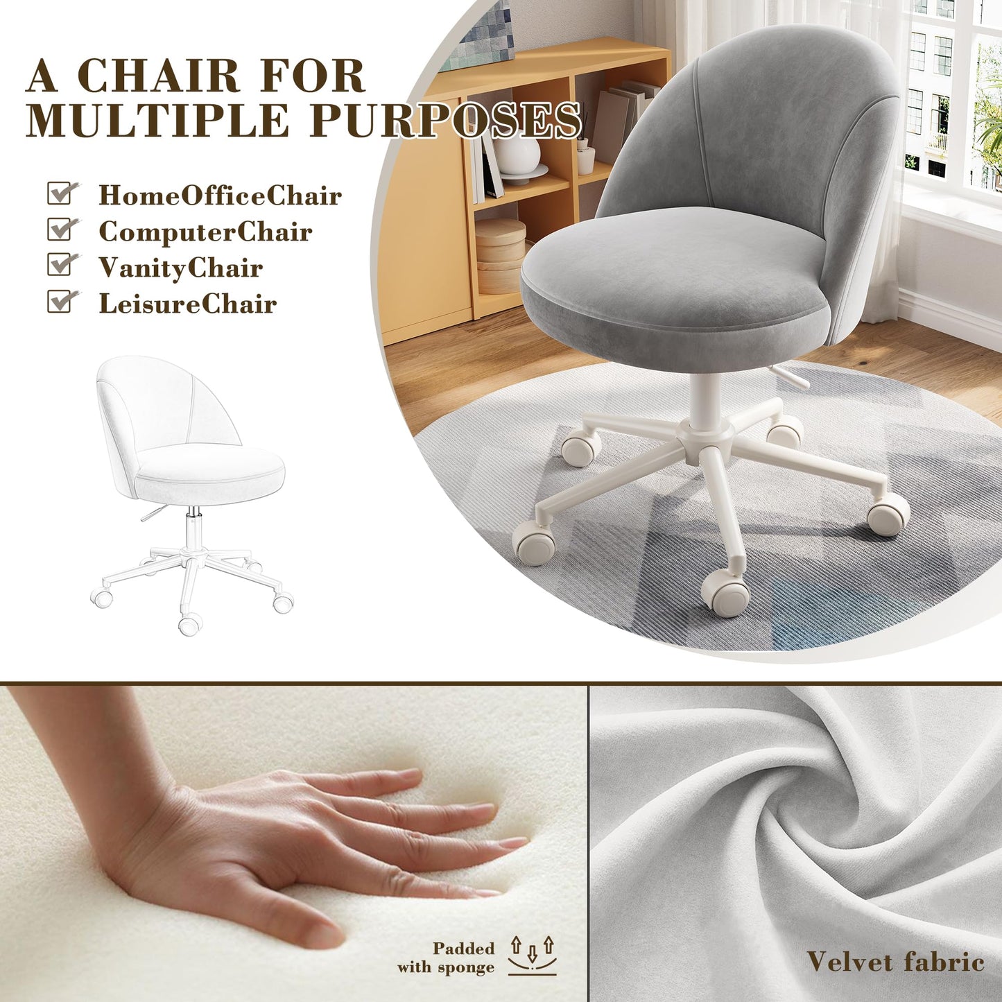 EnHomee Velvet Vanity Chair with Wheels, Ergonomic Desk Chair with Height Adjustable, Armless Makeup Chair for Home Office, Bedroom, Dorm, Muted Grey