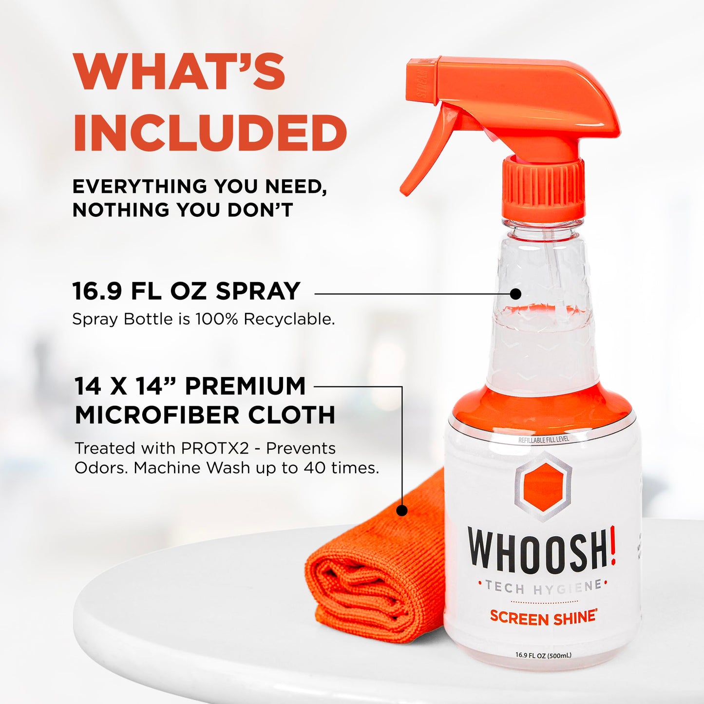 WHOOSH! Pro 16.9 fl oz Refillable TV Screen Cleaner & Microfiber Cloth - Streak-Free Cleaner for Flat Screens, OLED, LCD, Smart TV, Monitors - Non-Toxic, Odorless - Electronics Cleaning Kit