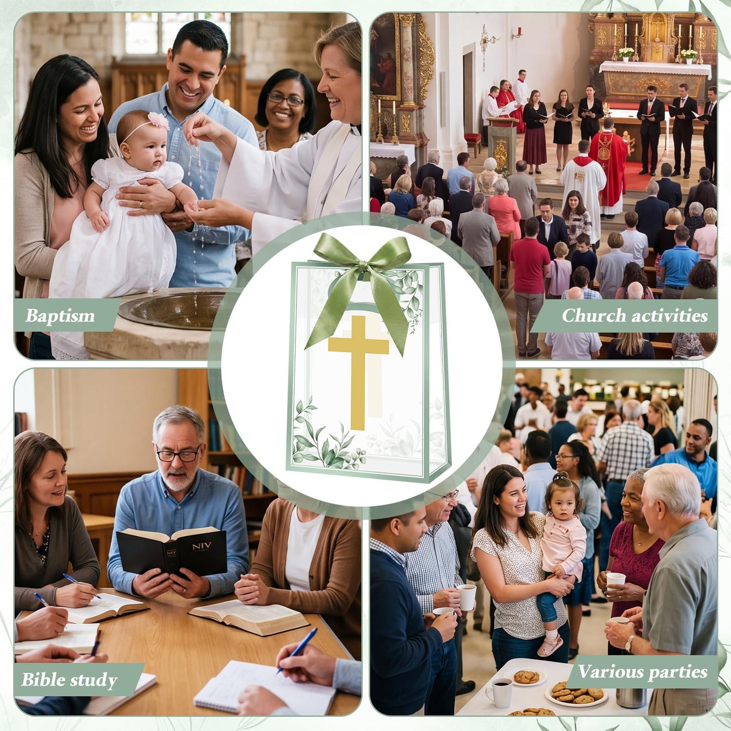 Gilprop 20 Pcs Religious Baptism Party Favor Bags Clear Gift Bags with Handles Ribbon for First Communion, Gold Cross Religious Christening Church Christian Baptism Supplies, 10 x 7 Inch (Green)