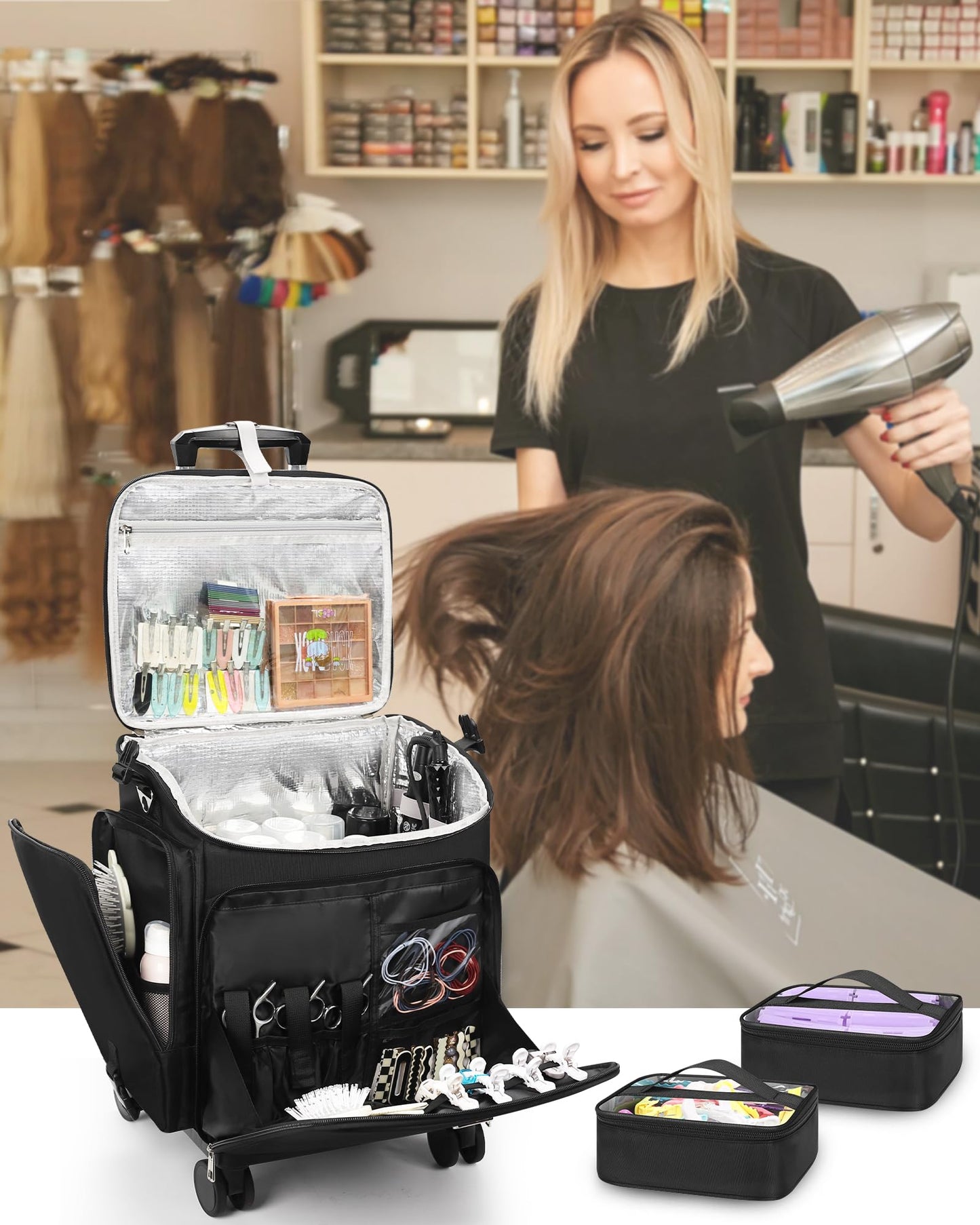 Relavel Rolling Makeup Case, Hair Tools Travel Bag Cosmetology Case on Wheels with 2 Clear Bags, Professional Hairstylist Bag Makeup Artist Storage Train Case Barber Organizer with 360° Spinner Wheels