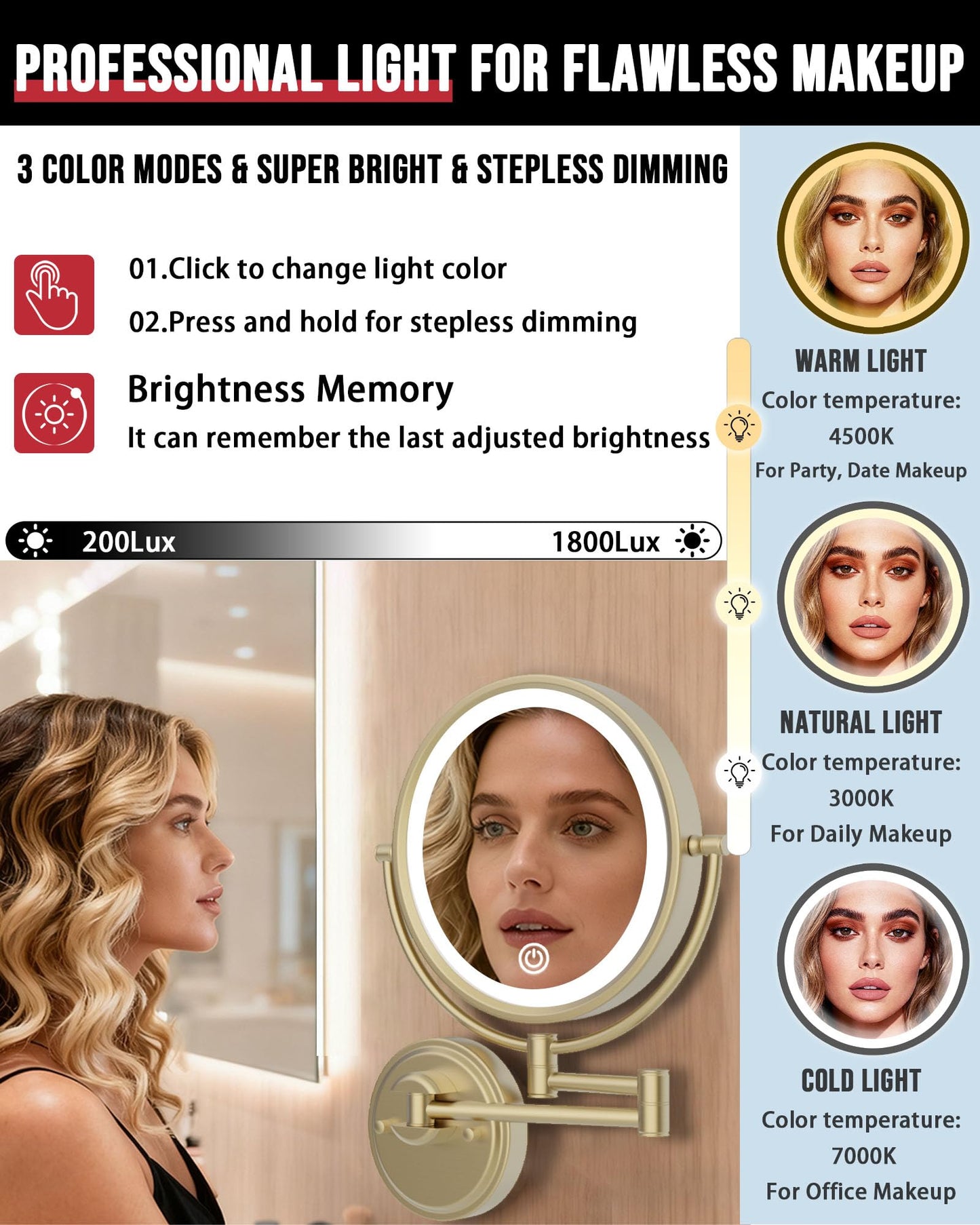 BrassyColux 10" Wall Mount Magnifying Mirror with Light Gold, Plug-in 1X/5X Powered Double-Sided 3 Color Touch Dimmable Extended Arm Cosmetic Light up Mirror for Bathroom, Satin Brushed Gold