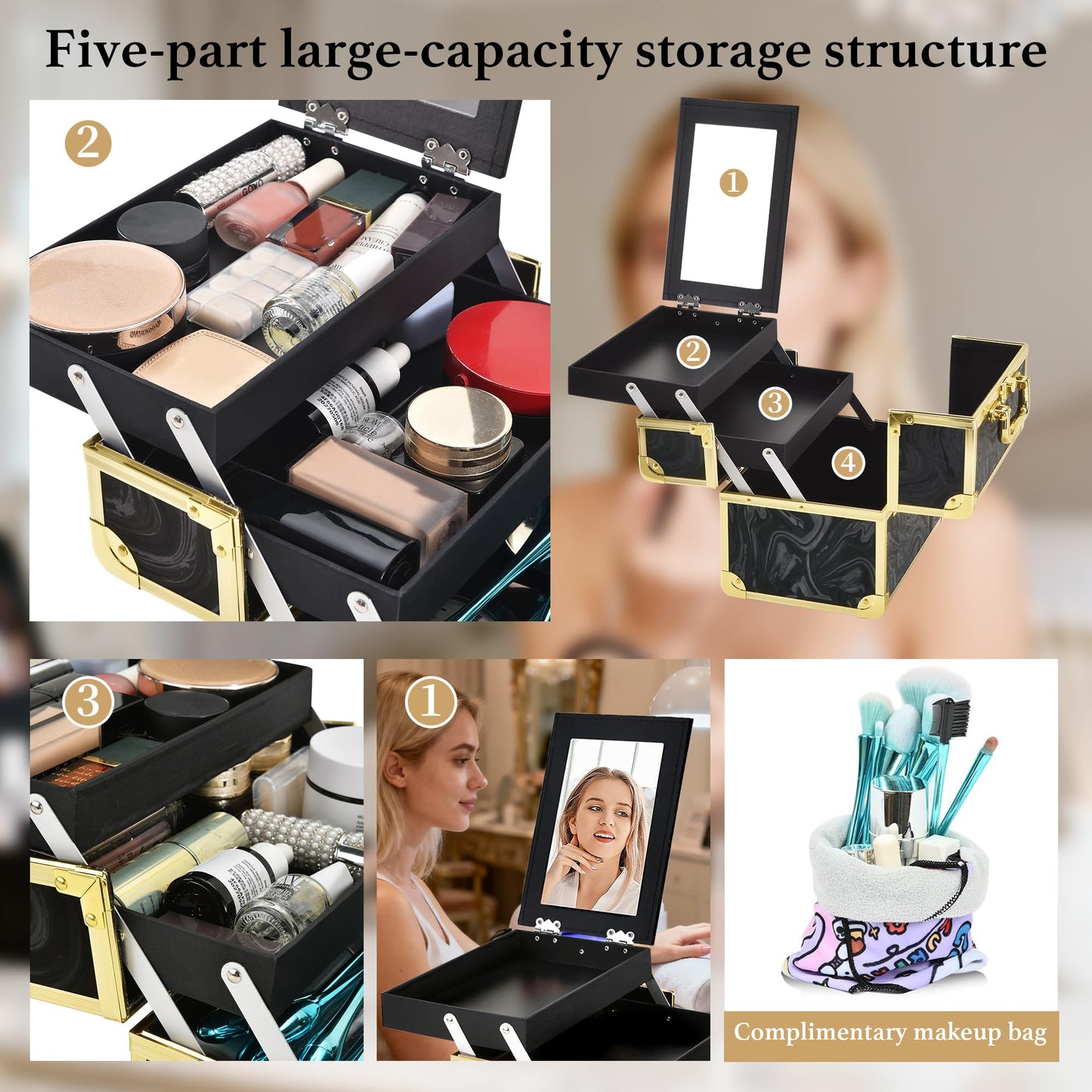 GALHUBIS Makeup Train Case, Portable Makeup Case with Mirror, 2-Trays Cosmetic Organizer Case,Nail Polish Organizer, Travel Makeup Box, Profesional for Salon Barber, Black Gold