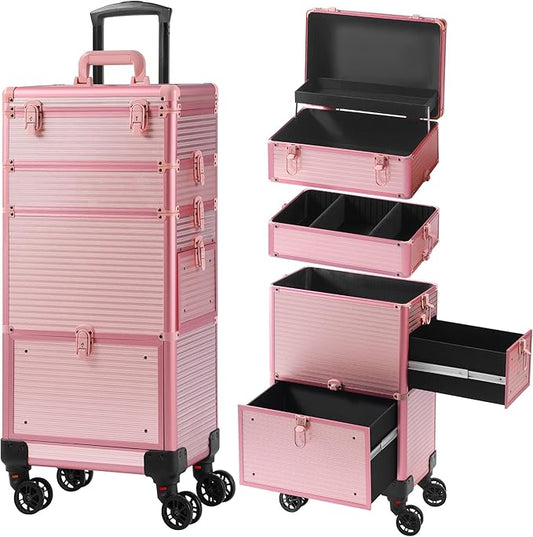 Makeup Train Case with Drawer, Rolling Makeup Case, Cosmetology Case on Wheels, Gift, Travel Makeup Organizers, Profesional Cosmetic Case for Salon Barber,Nail,Tattoo, Pink