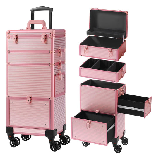 Somduy Makeup Train Case with Drawer, Rolling Makeup Case, Cosmetology Case on Wheels, Gift, Travel Makeup Organizers, Profesional Cosmetic Case for Salon Barber,Nail,Tattoo, Pink