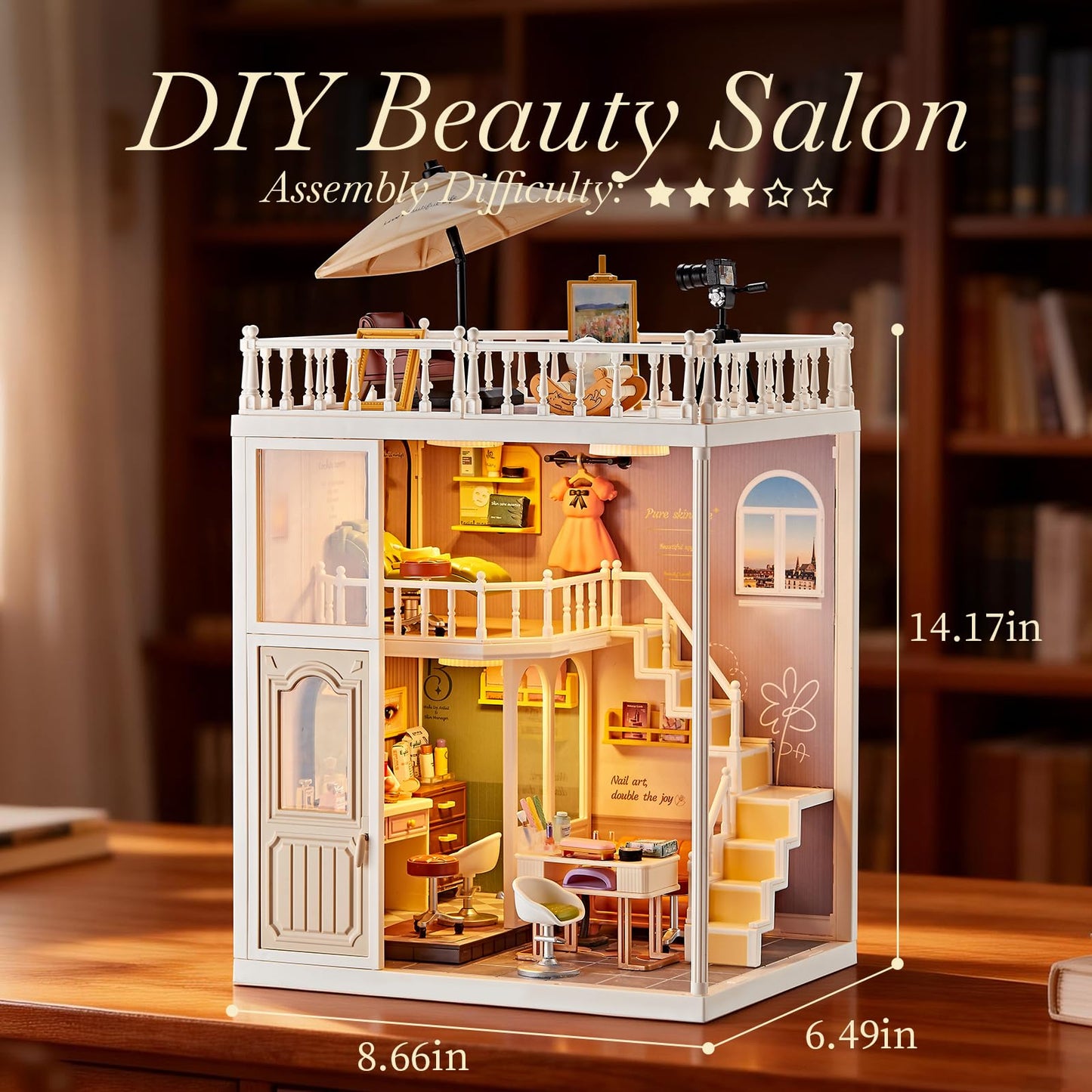 DIY Miniature House Kit Beauty Salon – 203 Piece Tiny House Dollhouse Mini Room with LED Light, Nail Art Studio & Makeup Room, Cozy Creative Craft Gift for Kids 8+ & Teens