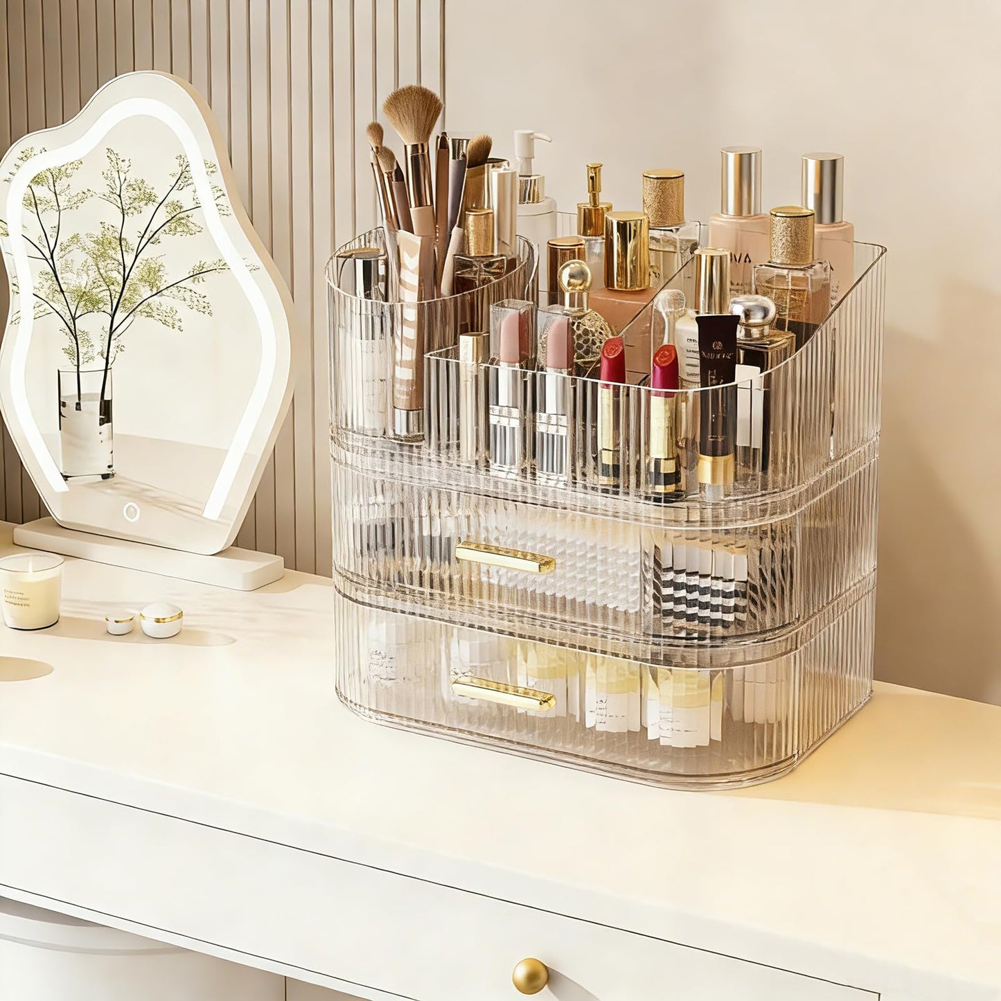 Makeup Organizer with 360 Rotating Brush Holder and Stackable Drawers, Cosmetic Display Case for Vanity, Bathroom Countertop (Clear, 3 Layer)