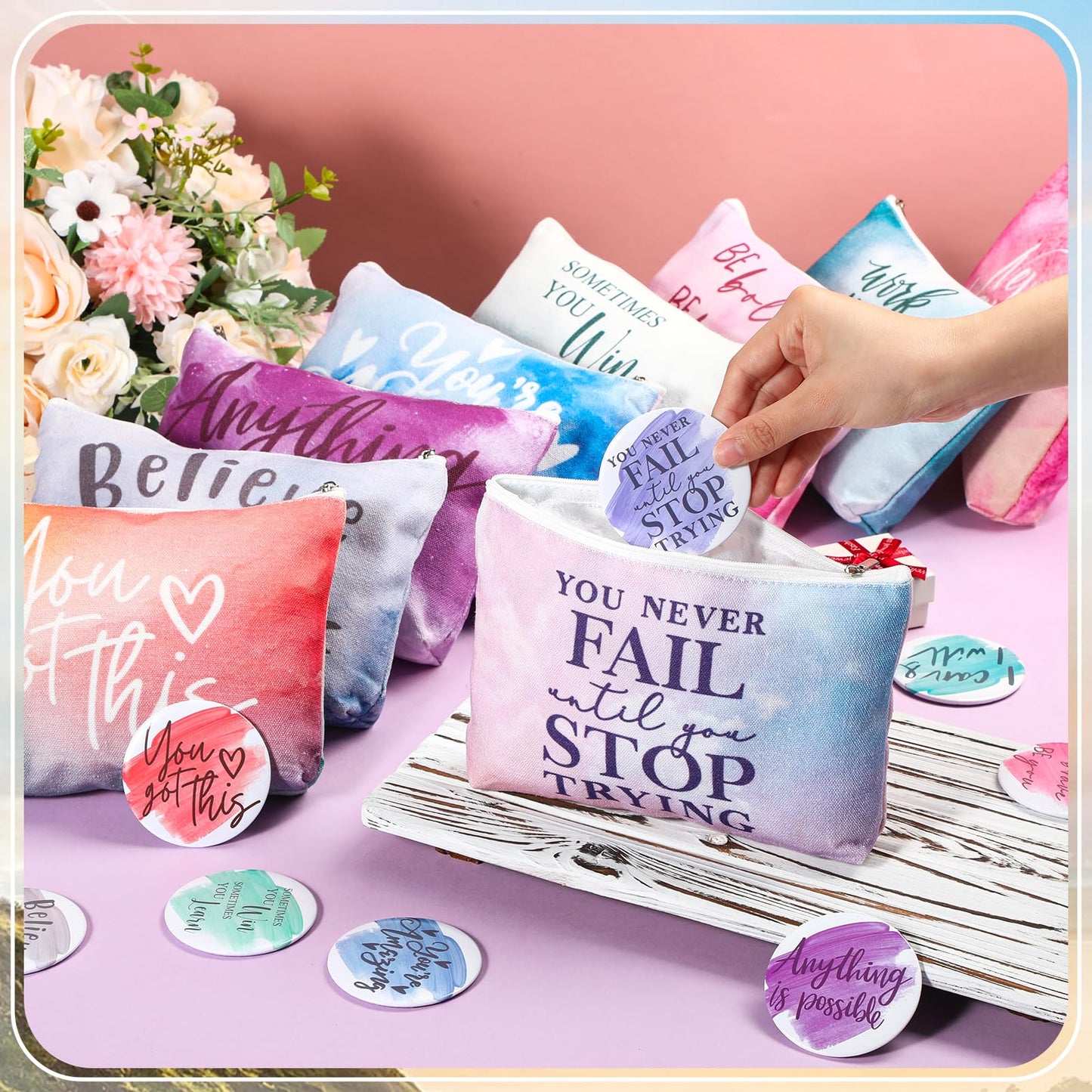 Vercraft 40 Pcs Employee Appreciation Gift for Women Inspirational Canvas Makeup Bag Portable Compact Mirror Bulk Cosmetic Bag Thank You Party Favors for Women Coworker Nurse (Motivation,Pastel)