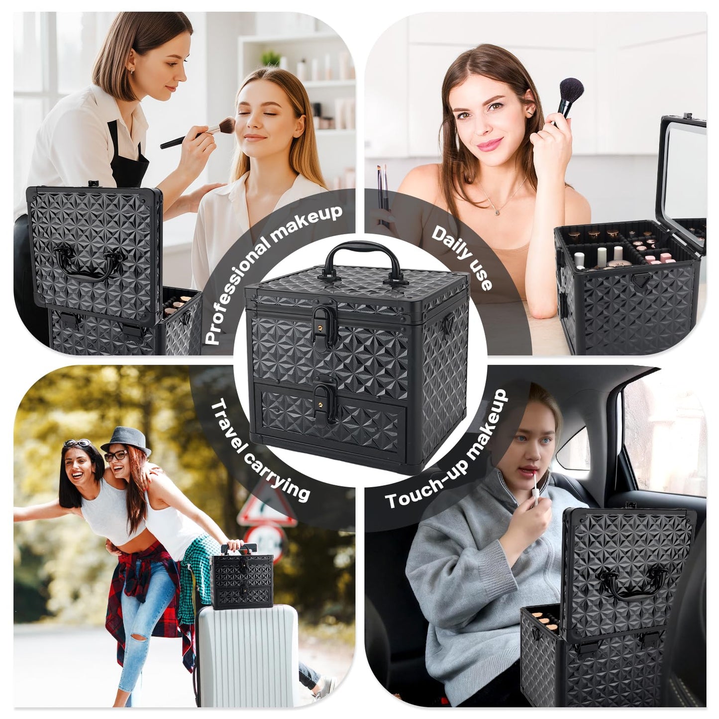 HAISKY Makeup Case with Drawer, Detachable Lighted LED Mirror, Travel Vanity Organizer, Portable Cosmetic Train Case, Lockable Makeup Suitcase with Adjustable Dividers, Shoulder Strap, Brush Holder