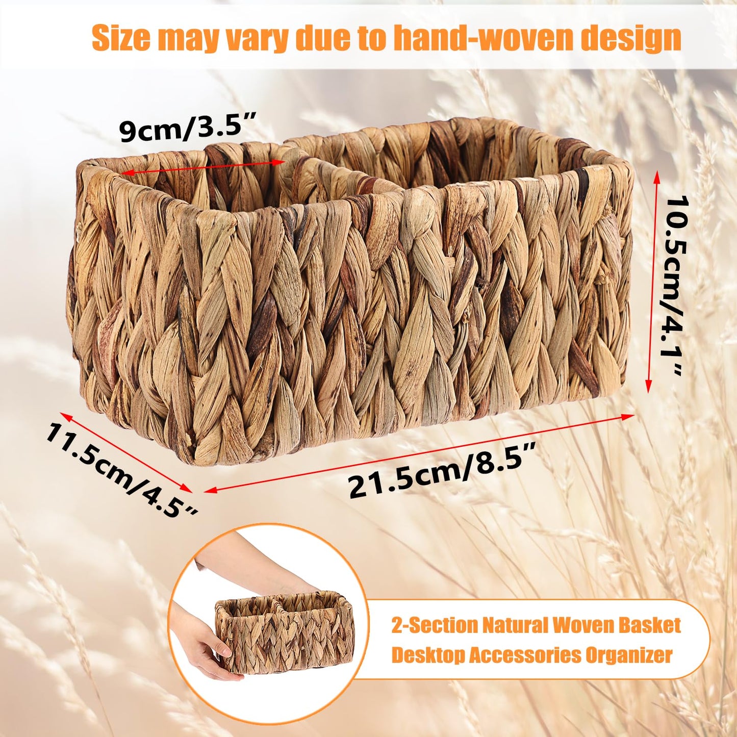 BTSKY Handwoven Remote Control Holder for Table, Natural Water Hyacinth Remote Organizer Caddy Small Wicker Storage Basket, 2-Compartment Office Supplies Desk Organizer Rustic Makeup Brushes Holder