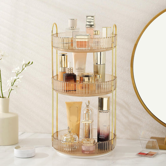 Aveniee Rotating Makeup Organizer for Vanity, Premium Solid Metal Pole Sturdy Construction, Perfume Storage for Bathroom Countertop, Clear Spinning Counter Shelf Cosmetic Holder for Dresser,Gold