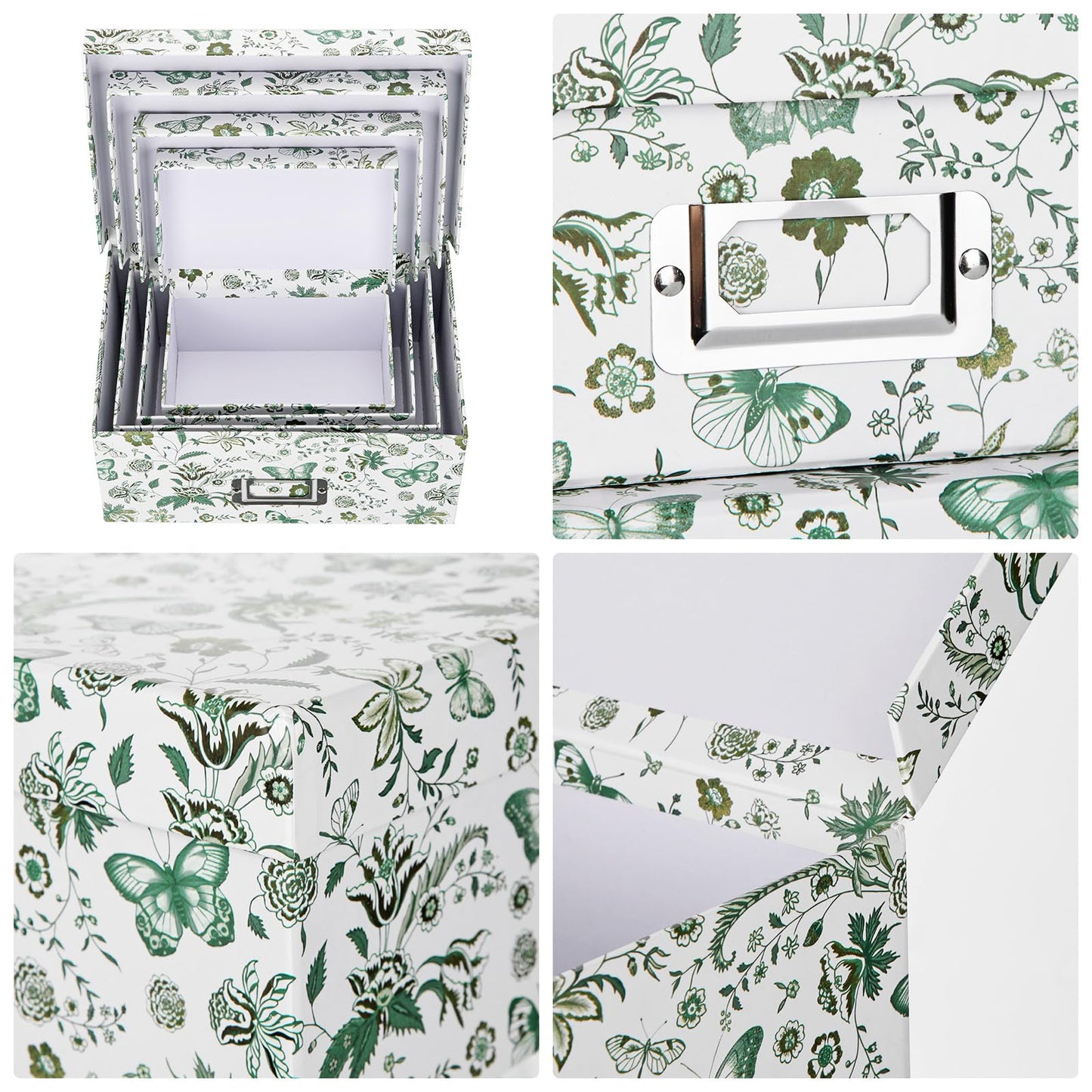 Briful Decorative Storage Boxes with Lids, 4 Pack Green Floral Cardboard Nesting Gifts Boxes with Metal Label Holders, Stackable Keepsake Photo Organizers for Home Closet Shelf Bedroom Office Decor