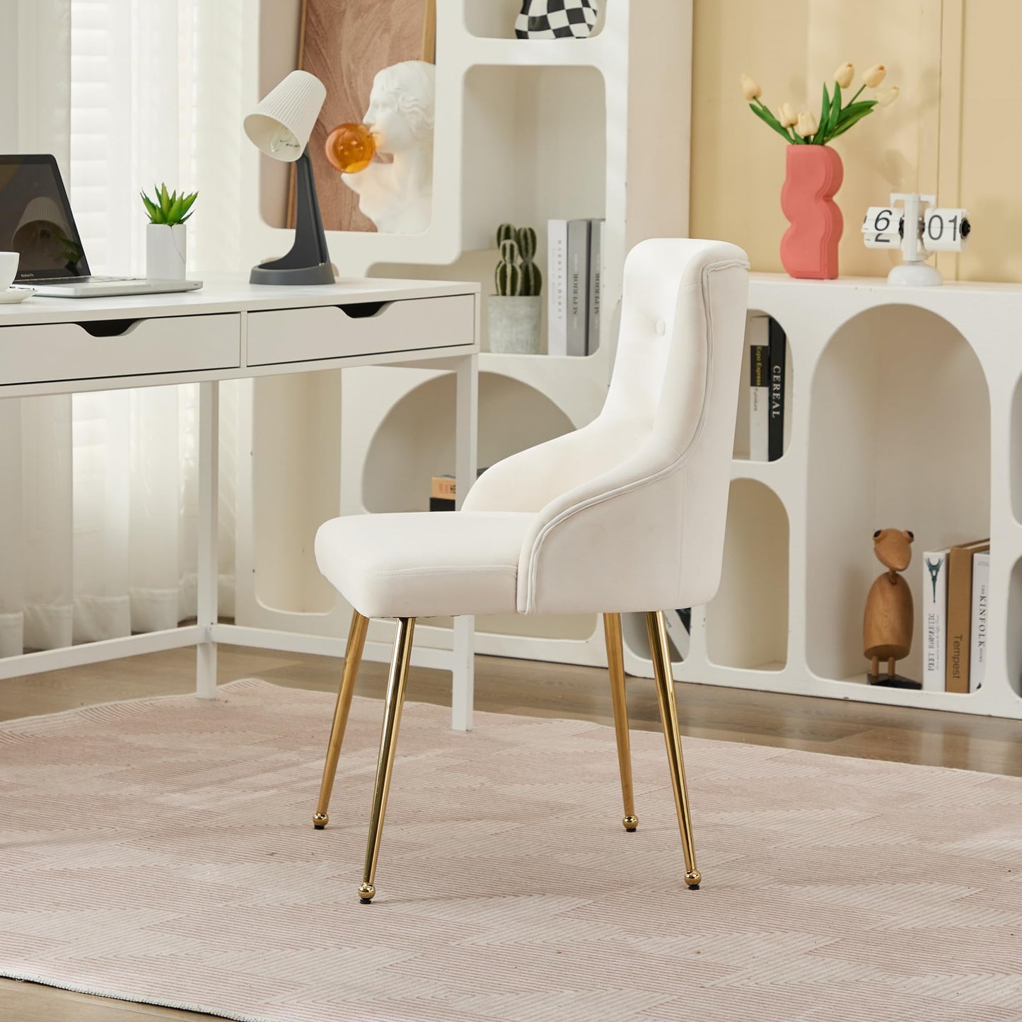 UDAX Velvet Vanity Chairs with Back, Upholstered Makeup Chair No Wheels with Metal Legs & Lumbar Pillow for Living Room/Makeup Room/Bedroom/Home Office/Kitchen