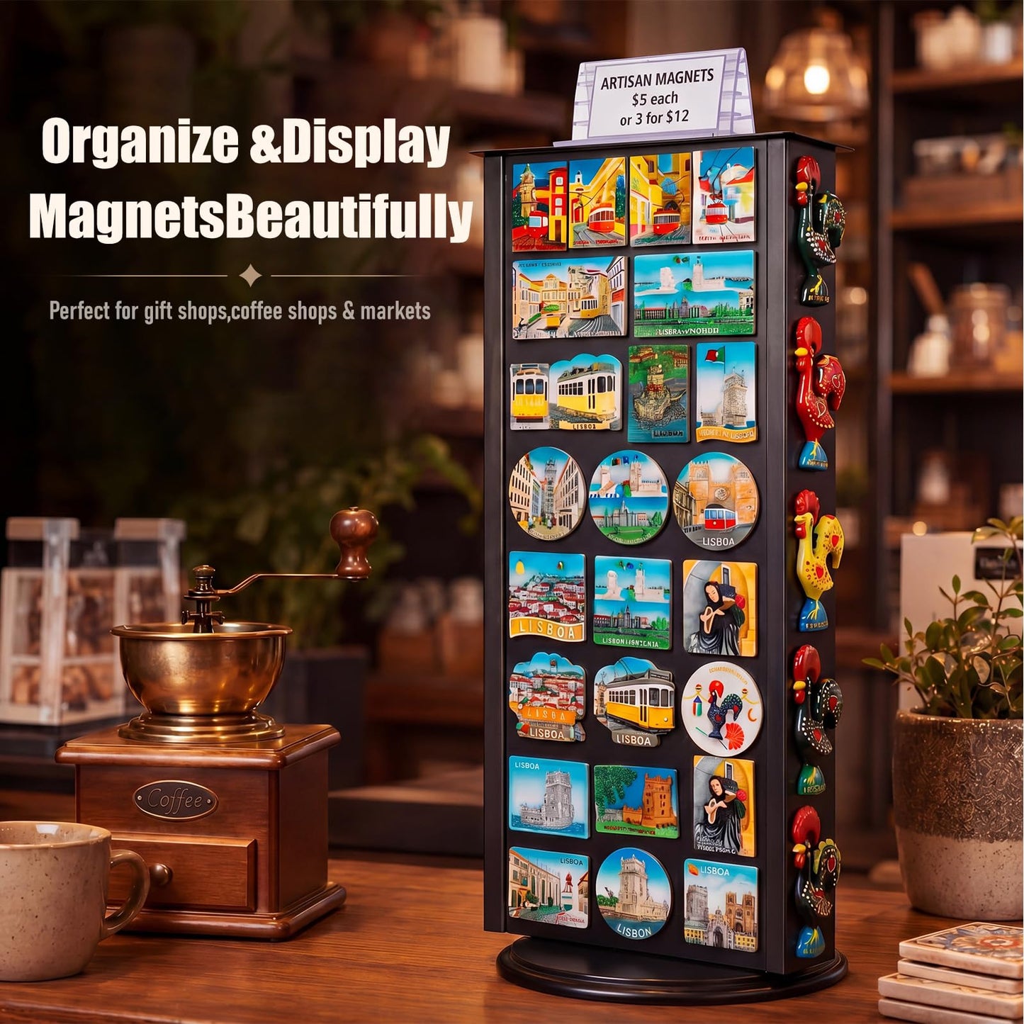 ElaraBerry Metal Black 2-sided Revolving Countertop Display for Magnets Magnet Display Stand for Vendors Trade Show Booth Stand, Craft Shows Suitable for Magnetic Fridge Magnets 19 x 8.5 Inch