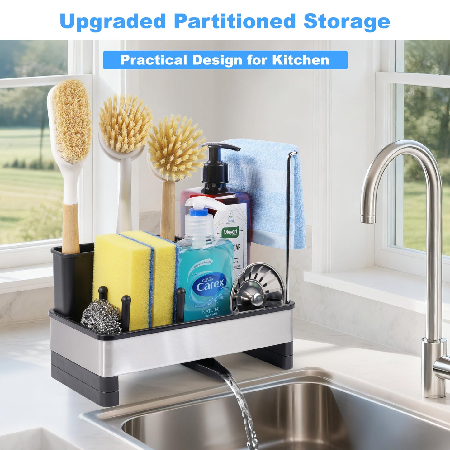 Ouletoy Kitchen Sink Caddy Organizer, Stainless Steel Sponge Holder, Kitchen Caddy Sink Organizer with Dish Brush Holder and Dishcloth Rack, Rustproof Dish Sponge Drying Rack for Countertop Storage
