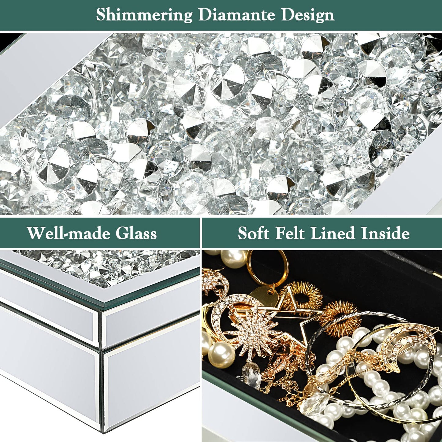Kenning Luxury Silver Crushed Diamond Jewelry Box, Mirrored Glass Organizer for Women, Sparkly Keepsake Storage for Rings, Earrings & Necklaces, Elegant Vanity Decor