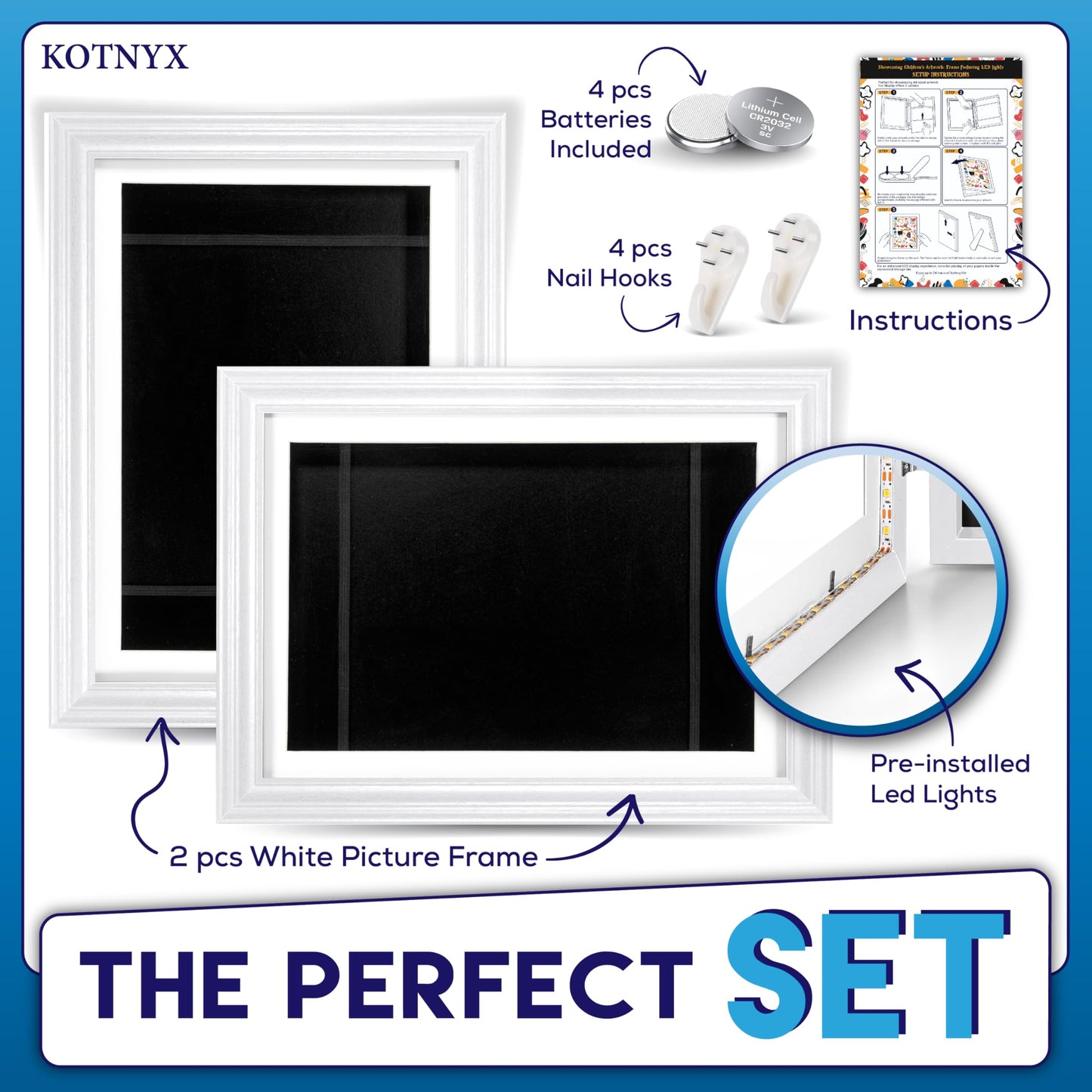 KOTNYX 2 Pack LED Light Kids Artwork Frame - Front Opening Kids Art Display Picture Frame, Holds 100 Pictures, MDF & Shatter-Resistant Glass, Standing Frame/Wall Hanging,13.3x10, Mat 11.6x8.3 (white)
