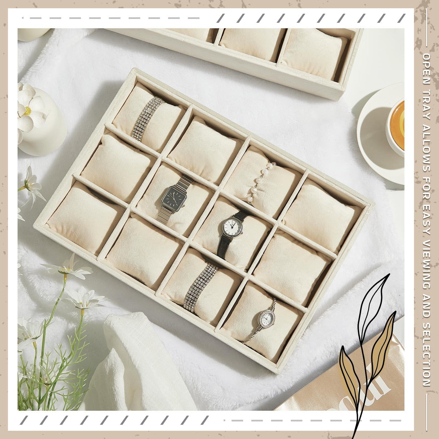 Henoyso 2 Pieces 12 Grid Velvet Watch Tray Jewelry Organizer Stackable Watch Bracelet Bangle Display Holder Adjustable Pillow(Beige)