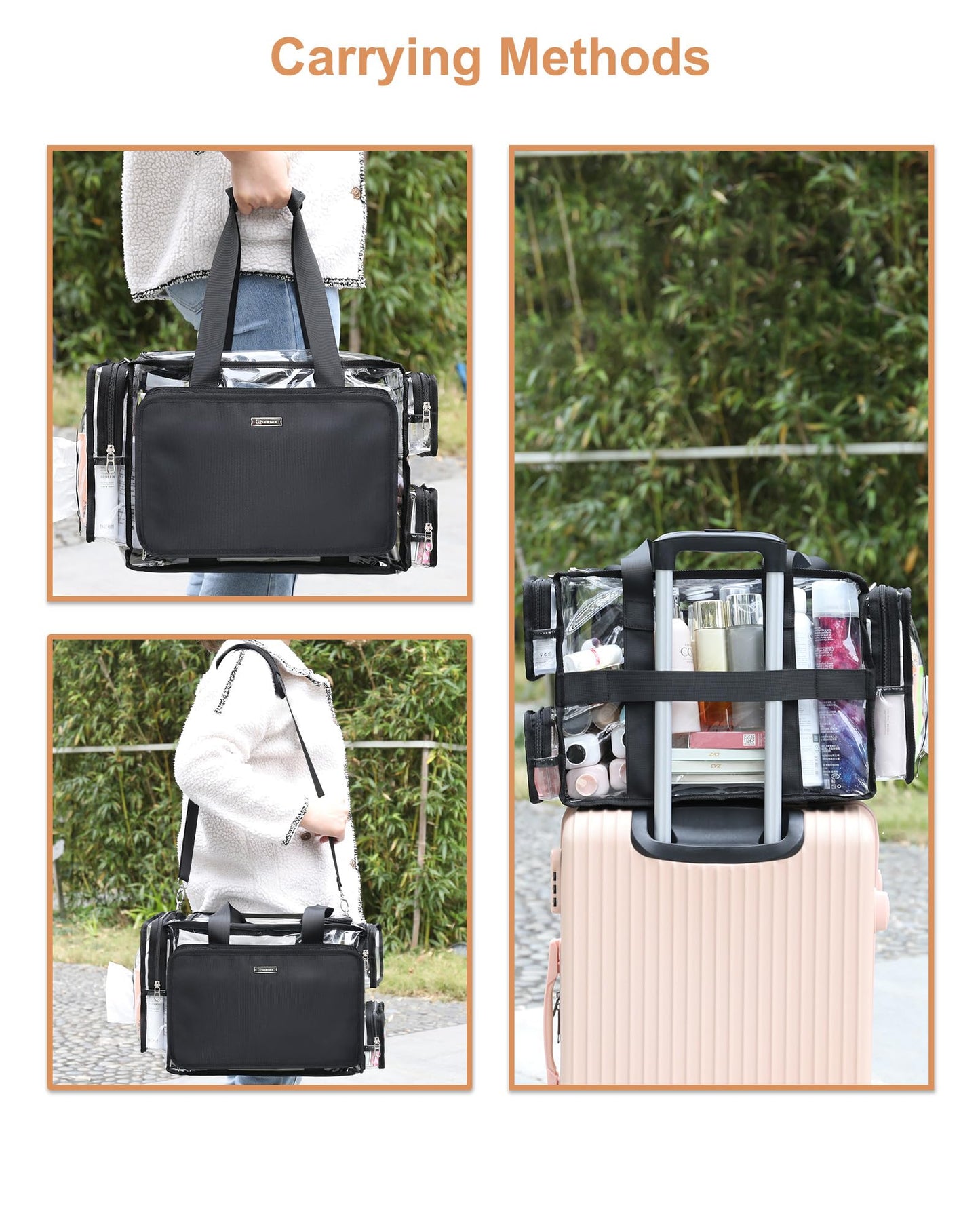 Relavel Clear Makeup Bag with 4 Small Pouches, Extra Large Makeup Artist Kit Set, Cosmetic Storage Organizer Transparent Tote Beach Toiletry Bag with Adjustable Dividers & Shoulder Strap