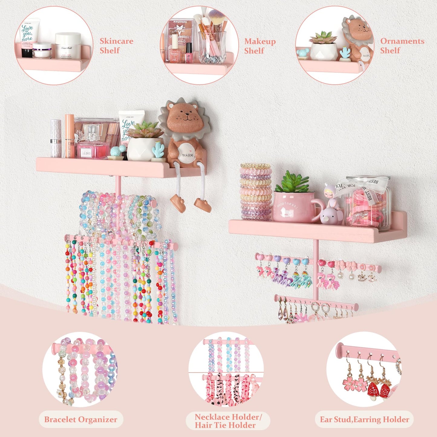 Keebofly Jewelry Organizer Wall Mounted Hanging with Wooden Shelf for Kids, Girls, Teens, Jewelry Holder Storage Display for Earring, Necklace, Bracelet, Bow, Pink, (Patented)