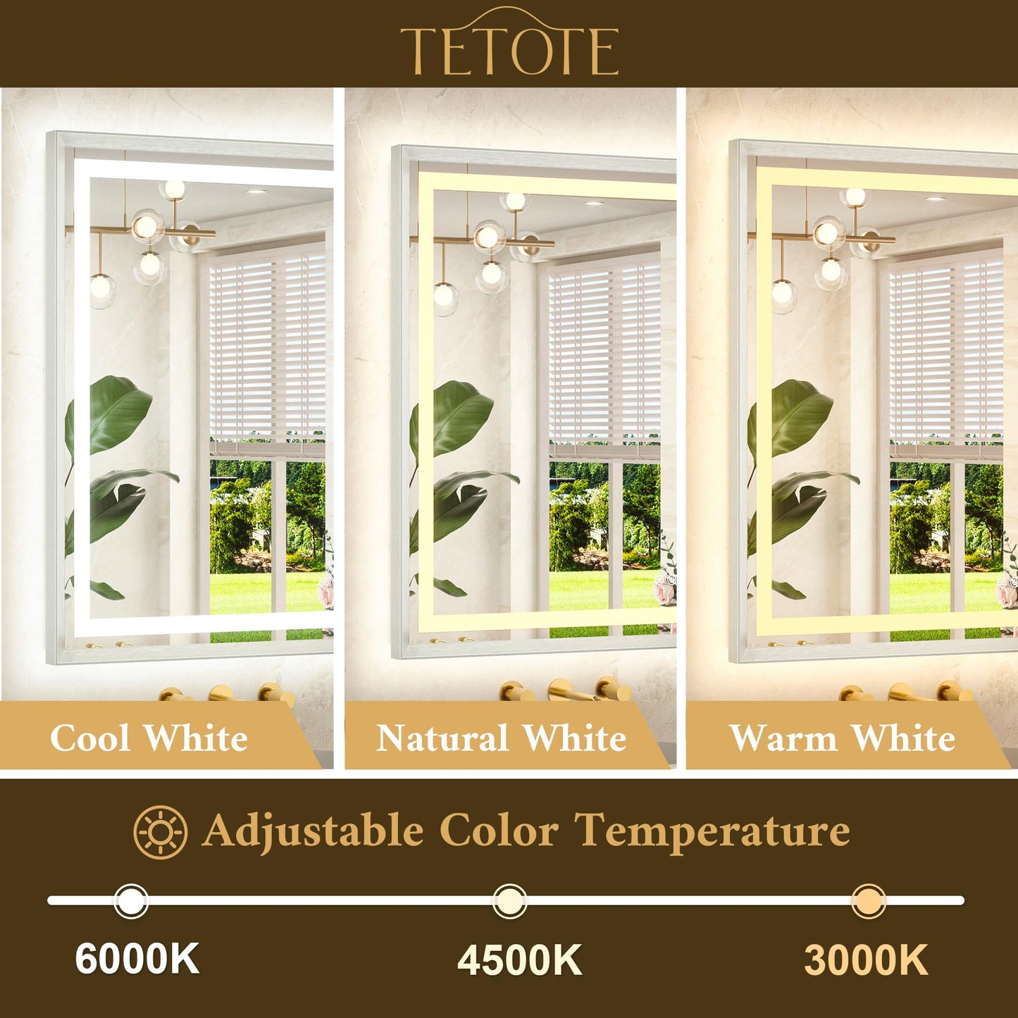 TETOTE 24 x 32 Bathroom LED Mirror Brushed Nickel Metal Frame Frontlit & Backlit Vanity Mirror Anti-Fog Stepless Dimmable 3 Colors White/Warm/Natural Mirror with Lights Wall-Mounted