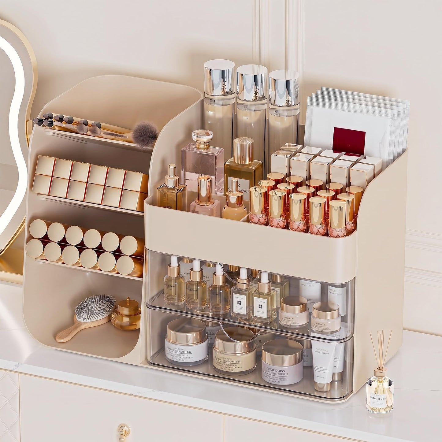 Booklov Makeup Organizer for Vanity, Countertop Cosmetic Display Case with Clear Acrylic Drawers, Bathroom Counter Beauty Caddy, Cute Table Storage Holder for Skincare, Brush Lipsticks, Crystal Creem