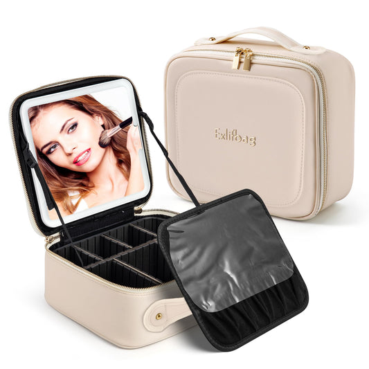 EXLIFBAG Makeup Bag with Led Mirror, Portable Travel Makeup Bag Organizer, Cosmetic Bag (Beige)