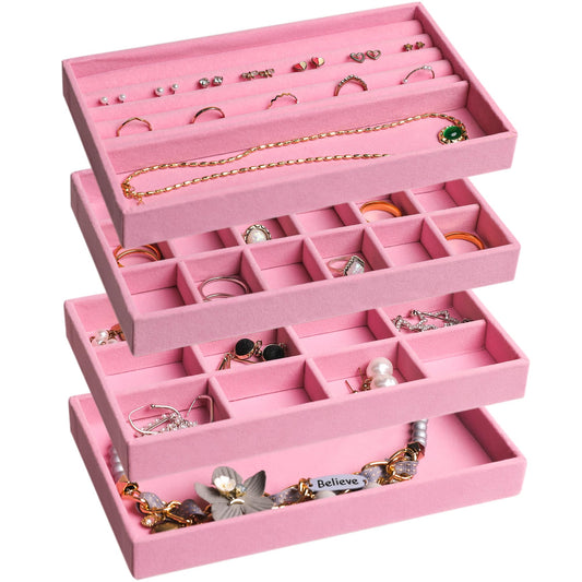Frebeauty Jewelry Organizer Tray,Stackable Velvet Jewelry Trays,Drawer Inserts Earring Organizer For Women Jewelry Storage Display Case for Rings Stud Necklaces,Set of 4(Pink)