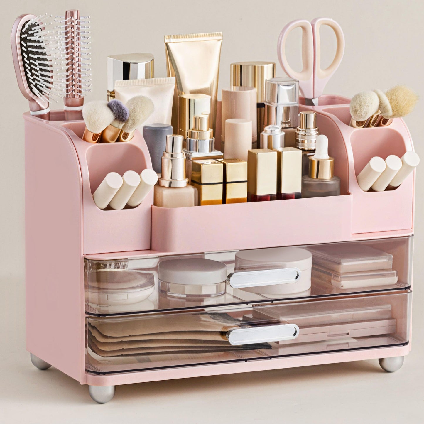 HBlife Makeup Organizer for Vanity with Brush Holder, Large Bathroom Countertop Cosmetic Organizer Skin Care Storage, Easy to Store Lipsticks, Nail Polishes, Perfumes, Eyeshadow Palettes, Pink