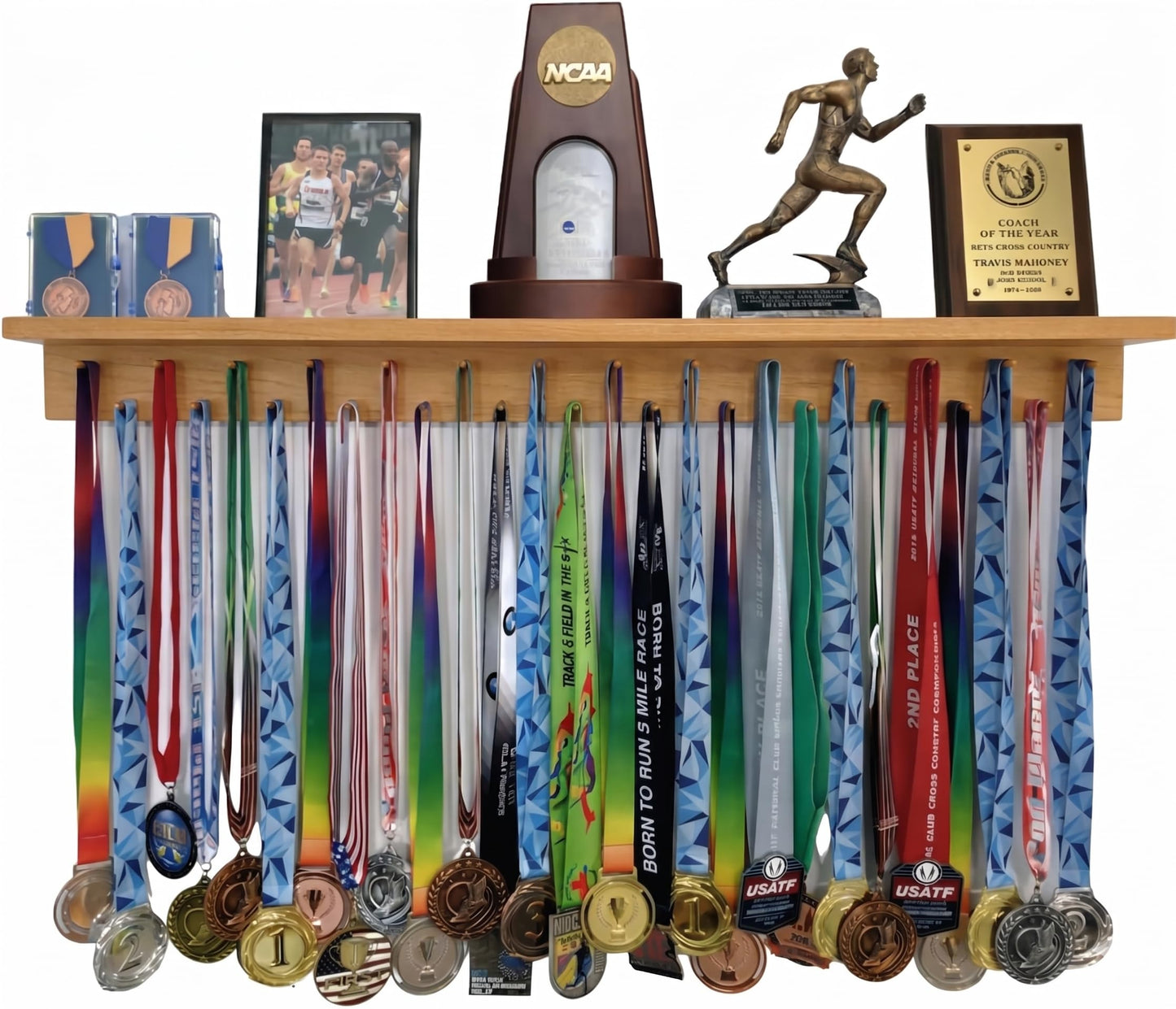 MedalAwardsRack 3ft- Ultimate Medal Hanger Display and Trophy Shelf - Multi-Sport Trophy and Medal Holder for Medal Display, Plaques, Pictures, Trophies and more. Solid Wood - Large 36" - Walnut